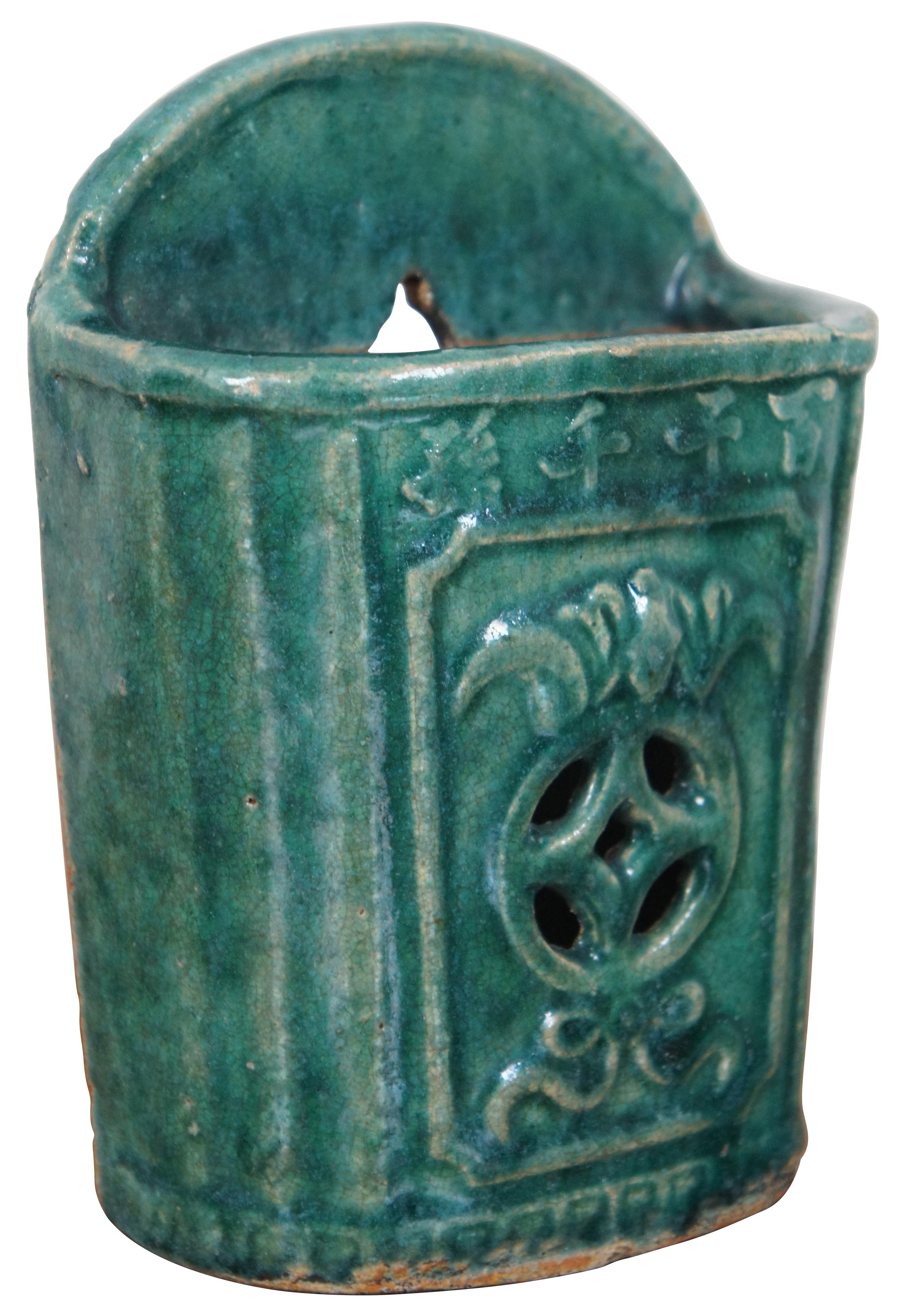 Chinese Export 2 Antique Shiwan Chinese Glazed Green Ceramic Chopstick Holder Wall Pocket