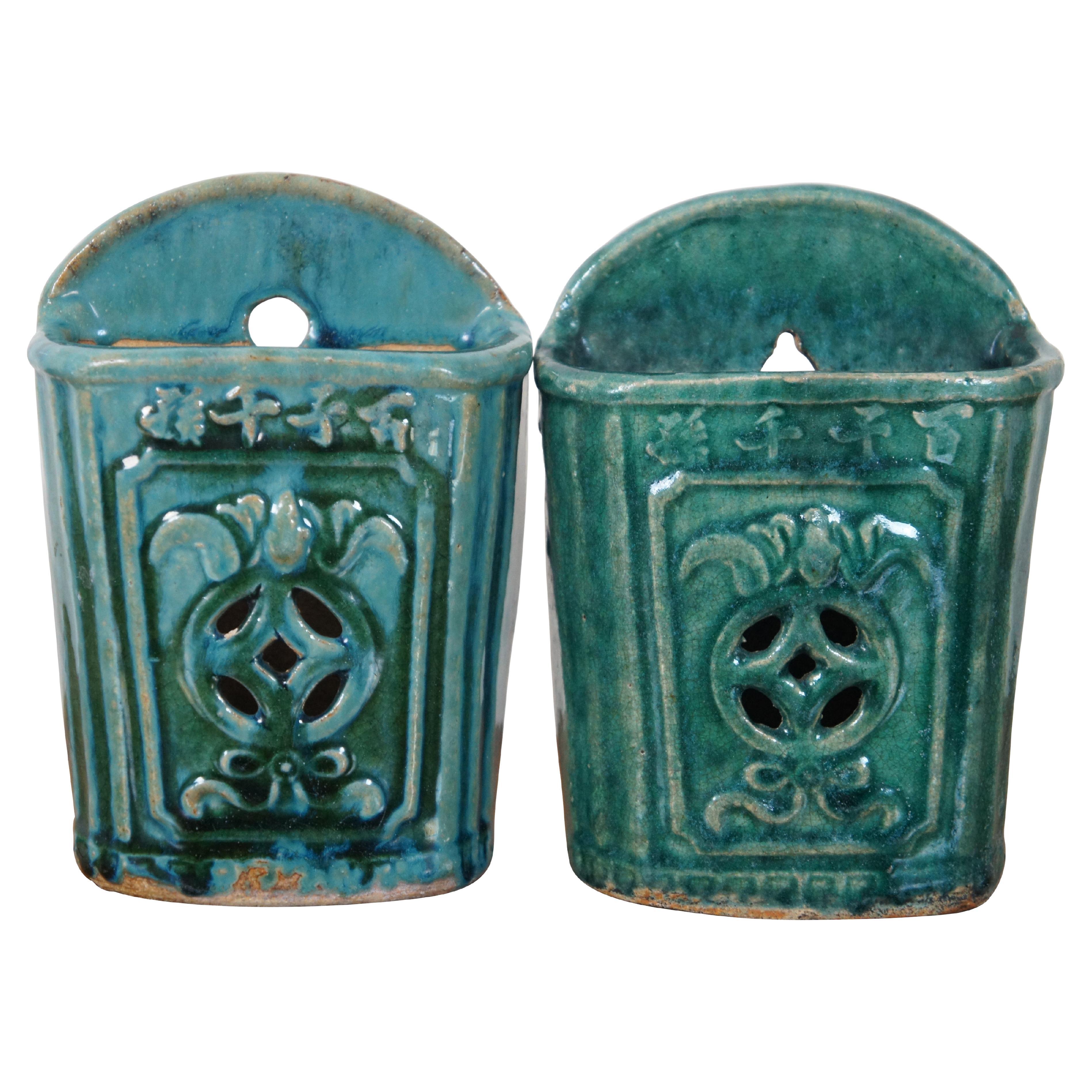 2 Antique Shiwan Chinese Glazed Green Ceramic Chopstick Holder Wall Pocket