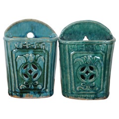 2 Antique Shiwan Chinese Glazed Green Ceramic Chopstick Holder Wall Pocket