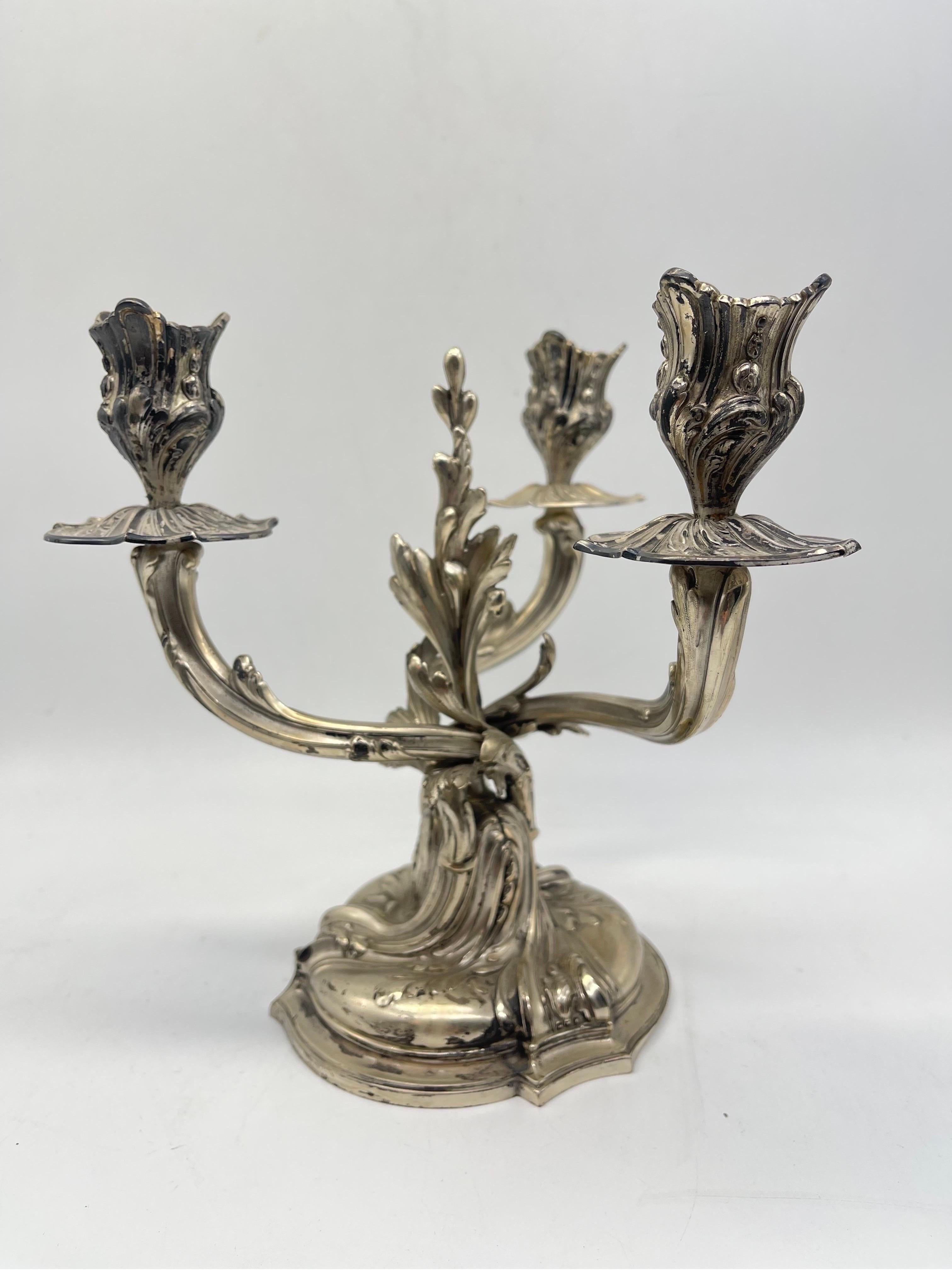 19th Century 2 Antique Silver Candlesticks 3-armed 800 Germany Rococo Strube & Sohn  For Sale