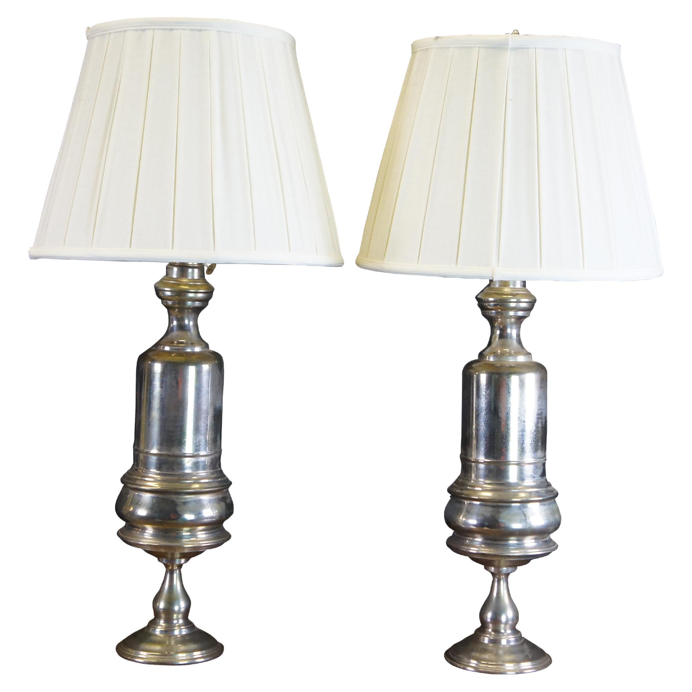 2 Silver Plated Trophy Mantel Urn Converted Oil Lamps Lanterns 31"