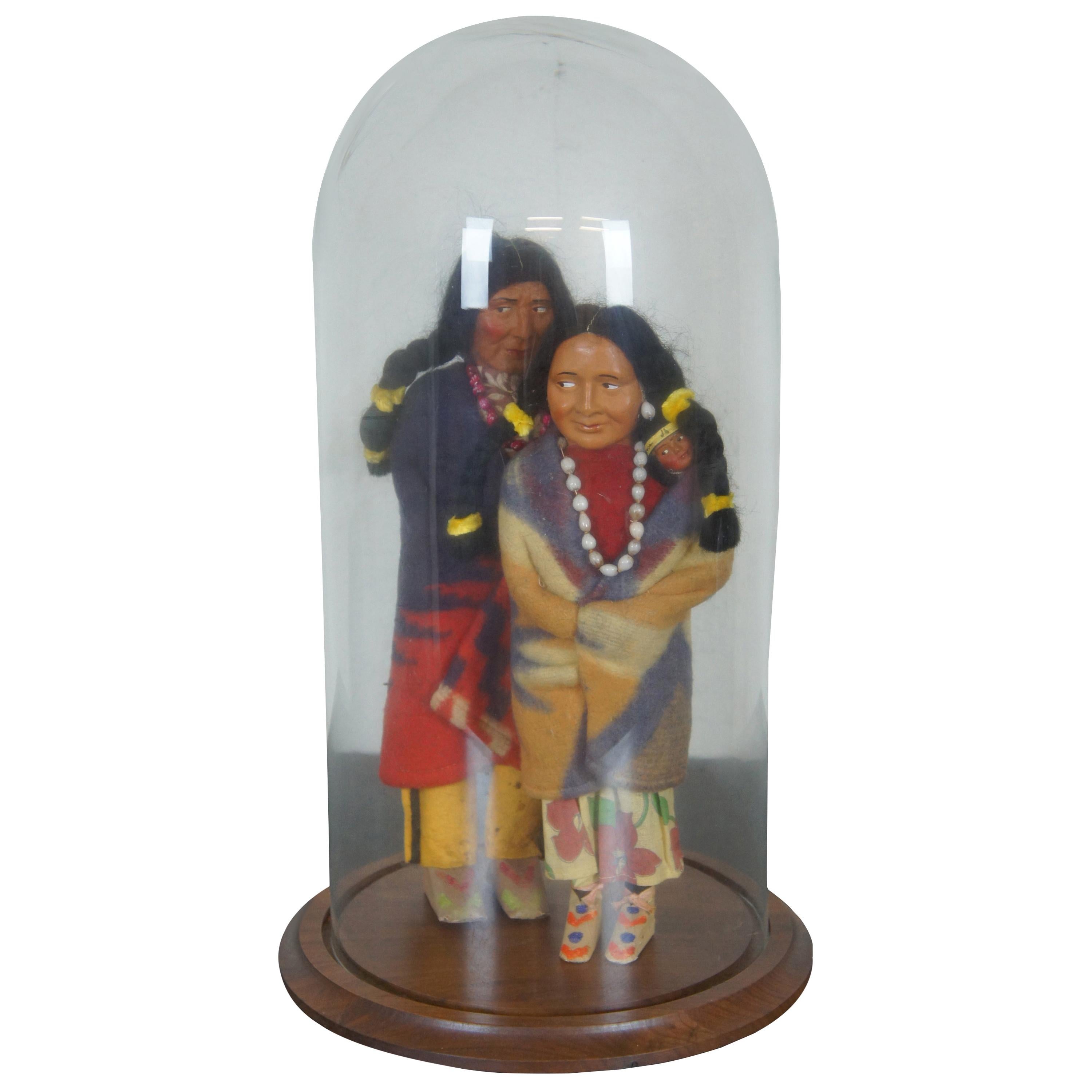 2 Antique Skookum Bully Good Native American Dolls in Bards Dome Glass Jar