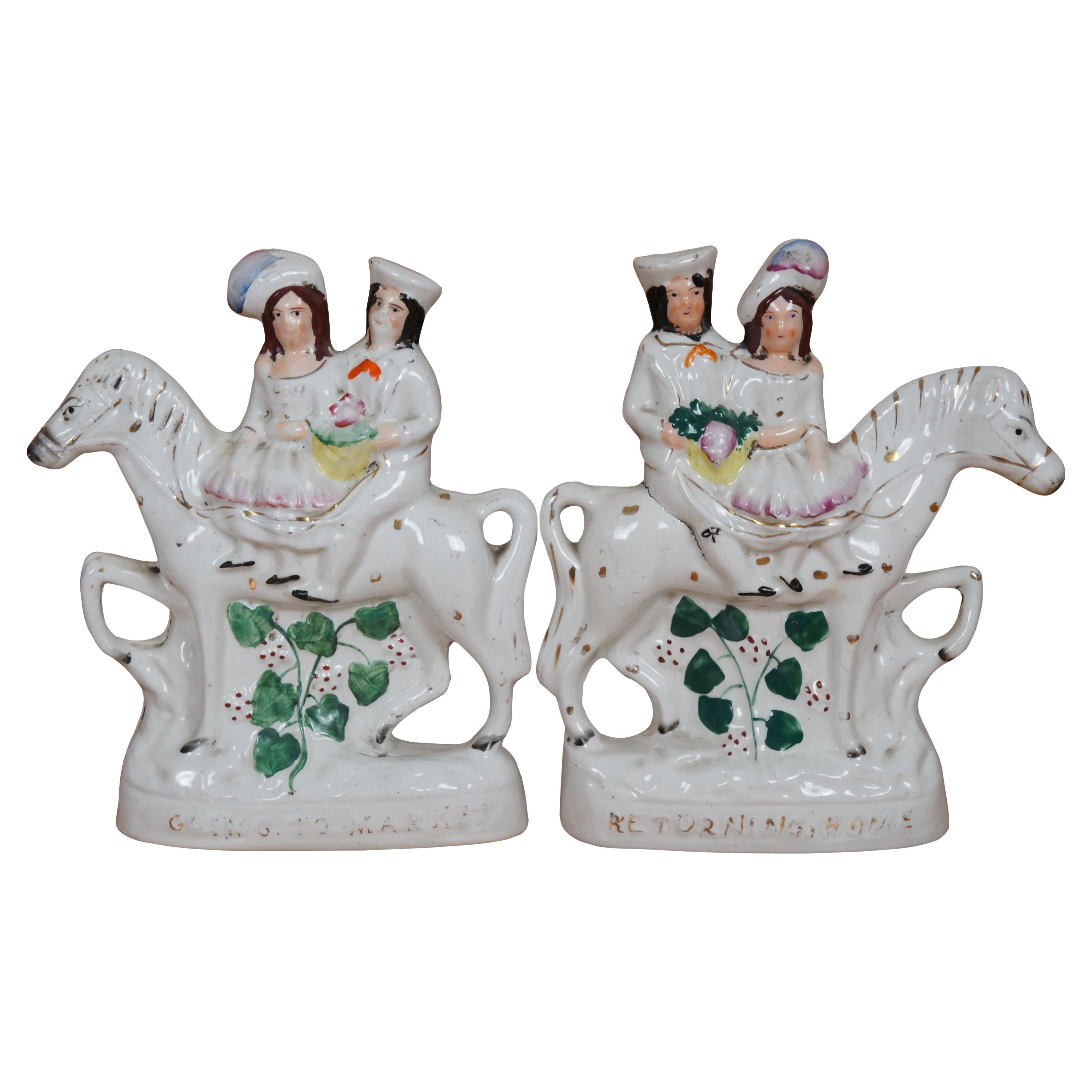 2 Antique Staffordshire Going to Market Returning Home Horseback Figurines 8" en venta