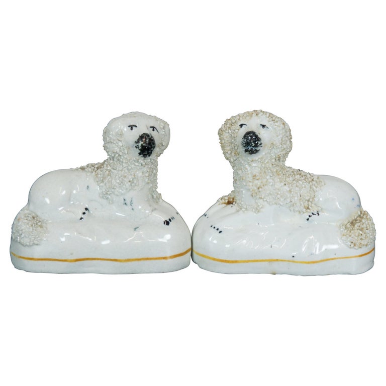 2 Antique Staffordshire Miniature Seated Confetti Lamb Figurines Poodle