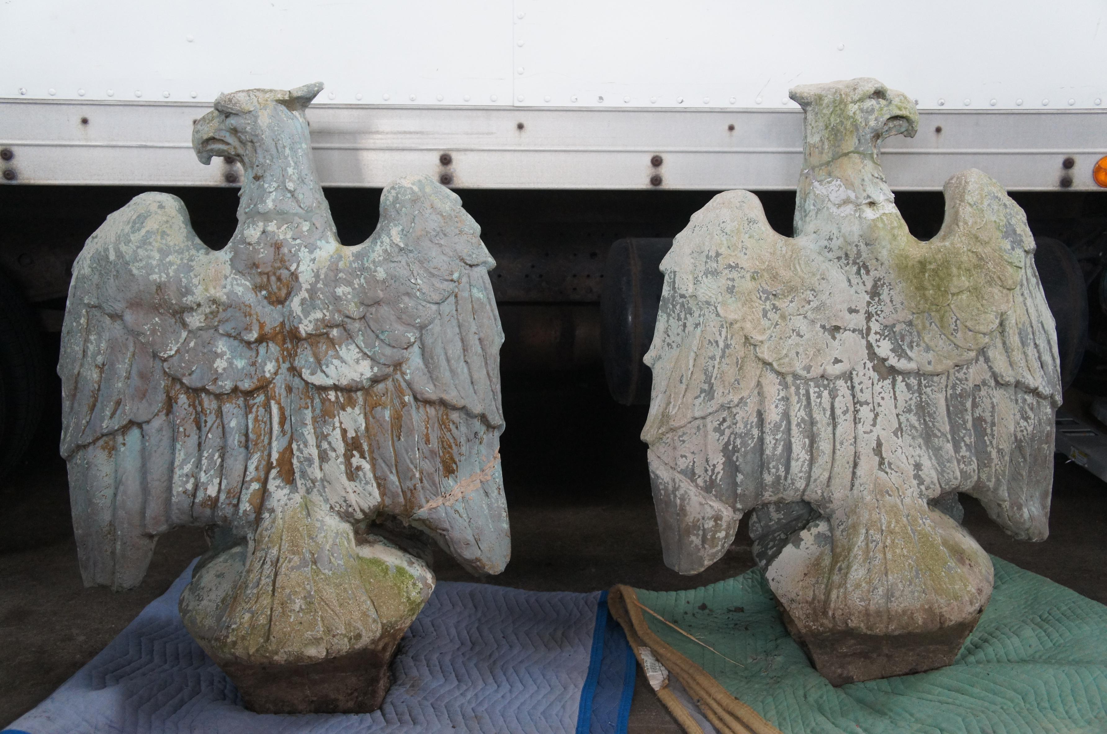 2 Antique Stone Ornamental Garden Opposing Eagle Sculptures Statue Pair 4