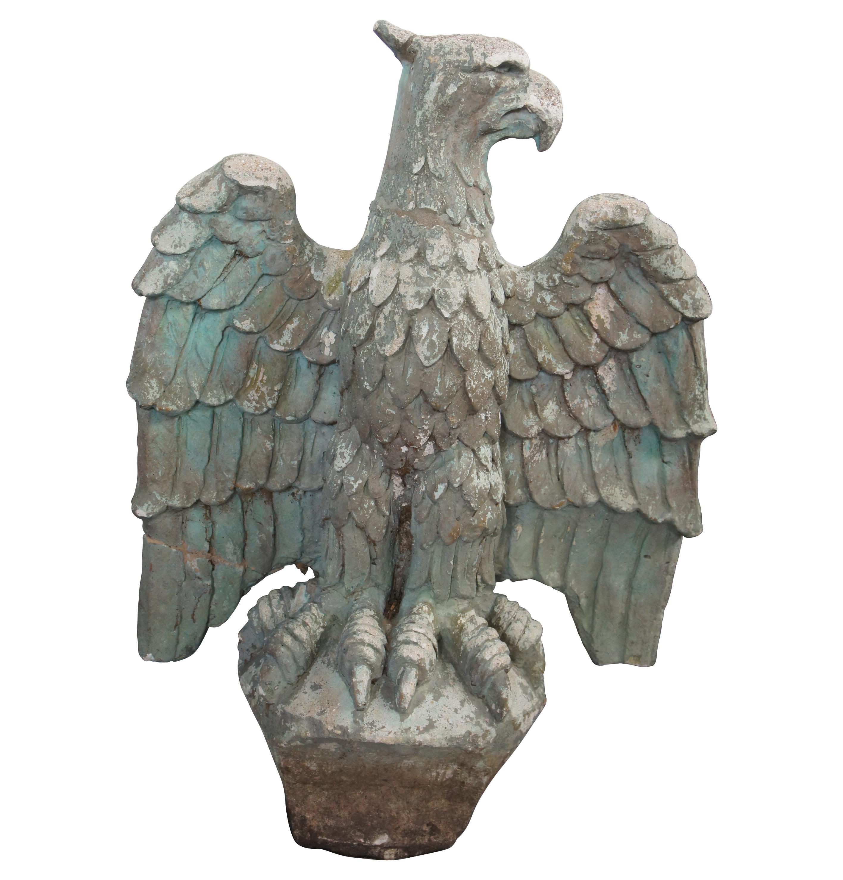 American Classical 2 Antique Stone Ornamental Garden Opposing Eagle Sculptures Statue Pair