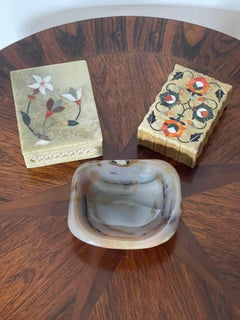 2 Antique Stone Pietra Dura Trinket Boxes w Bowl Desk Accessories