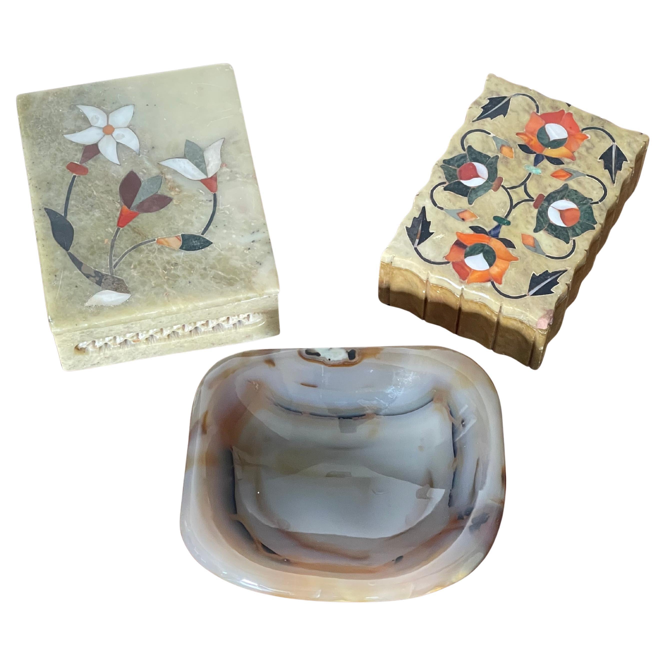 2 Antique Stone Pietra Dura Trinket Boxes w Bowl Desk Accessories For Sale