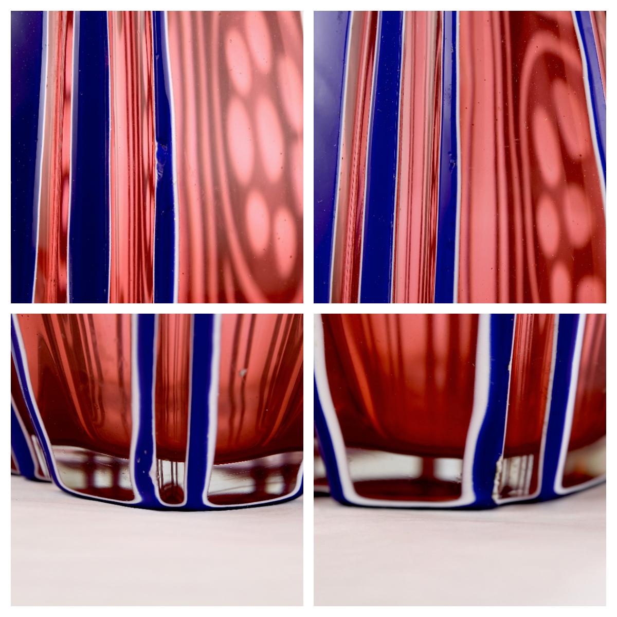 2 antike Vasen aus böhmischem geschliffenem Glas mit dreifarbigem blauem, weißem und Preiselbeerfarbenem Überzug im Angebot 9
