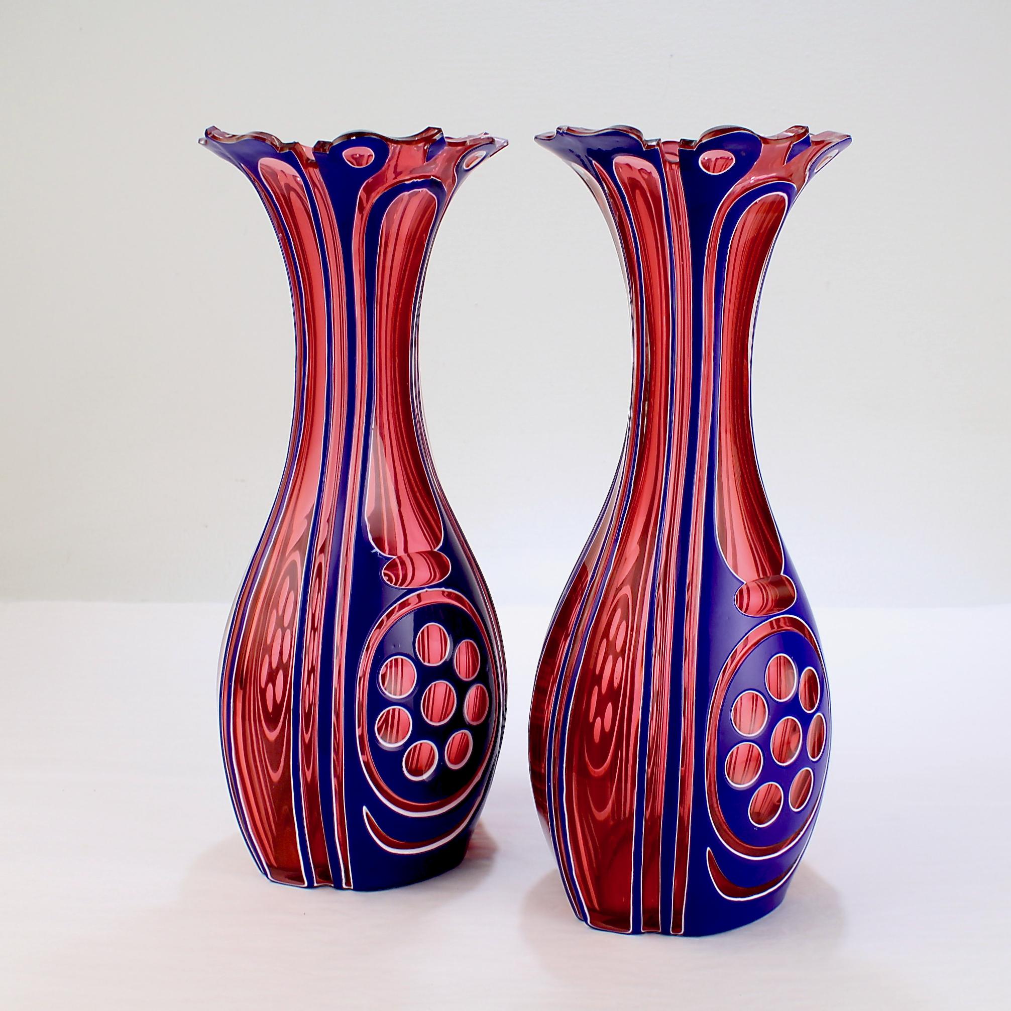 Czech 2 Antique Three-Color Blue, White & Cranberry Overlay Bohemian Cut Glass Vases For Sale