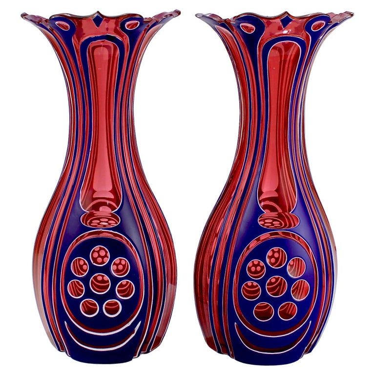2 Antique ThreeColor Blue, White and Cranberry Overlay Bohemian Cut Glass Vases For Sale at 1stDibs