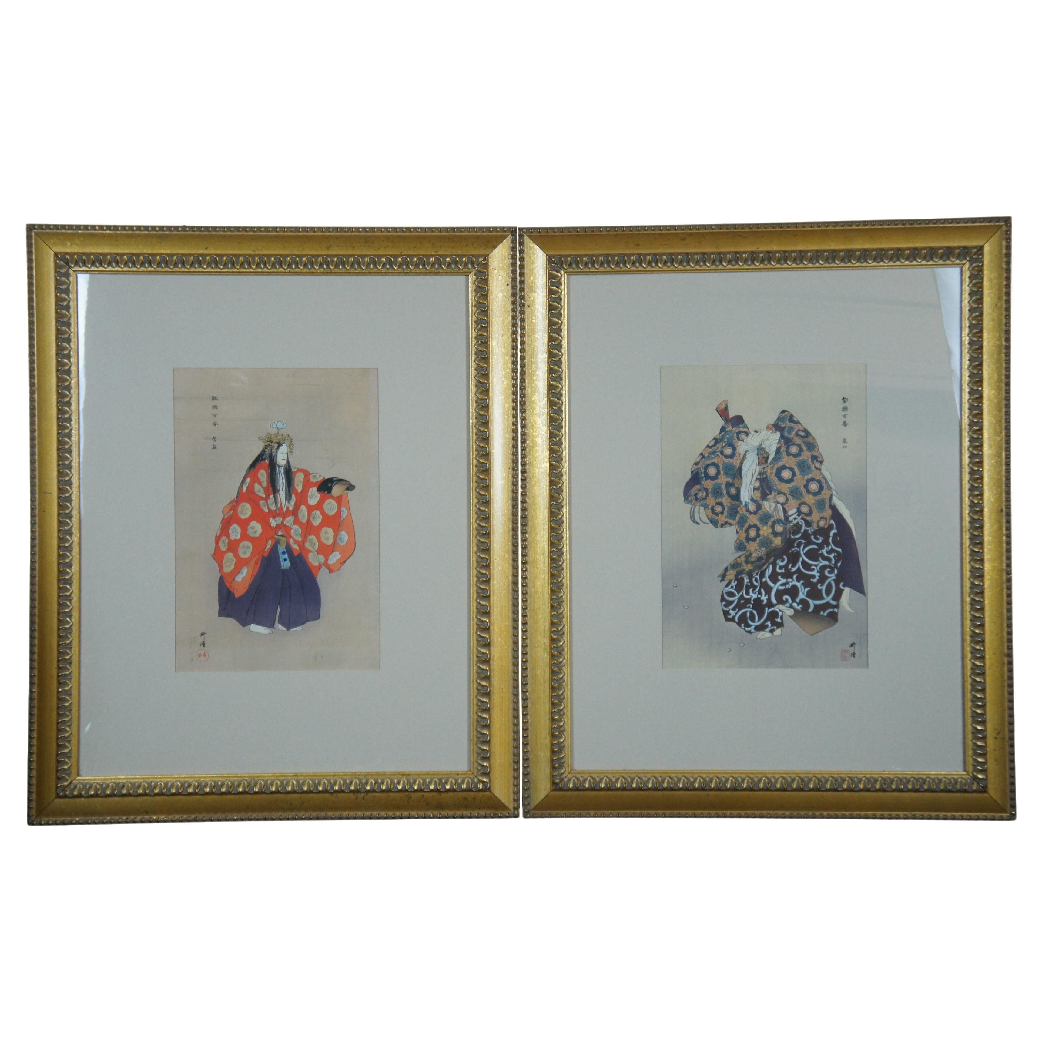 2 antike Tsukioka Kogyo Taema Arashiyama Nogaku Hyakuban Holzschnitte mit Holzschnitten 29"
