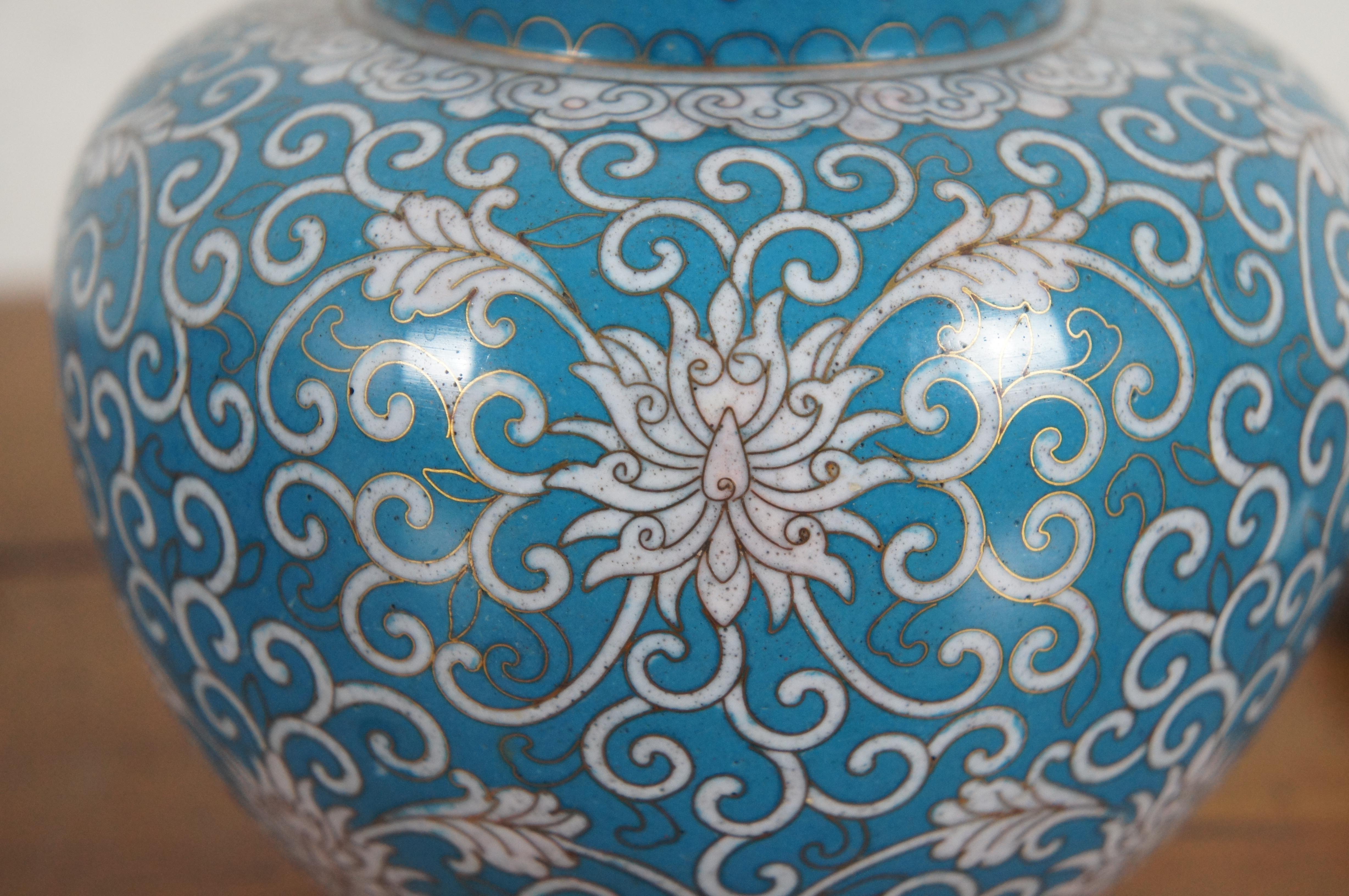 2 Antiquités Turquoise Cloisonné Chrysanthèmes Couvercle Ginger Jar Vase Urn Paire 8