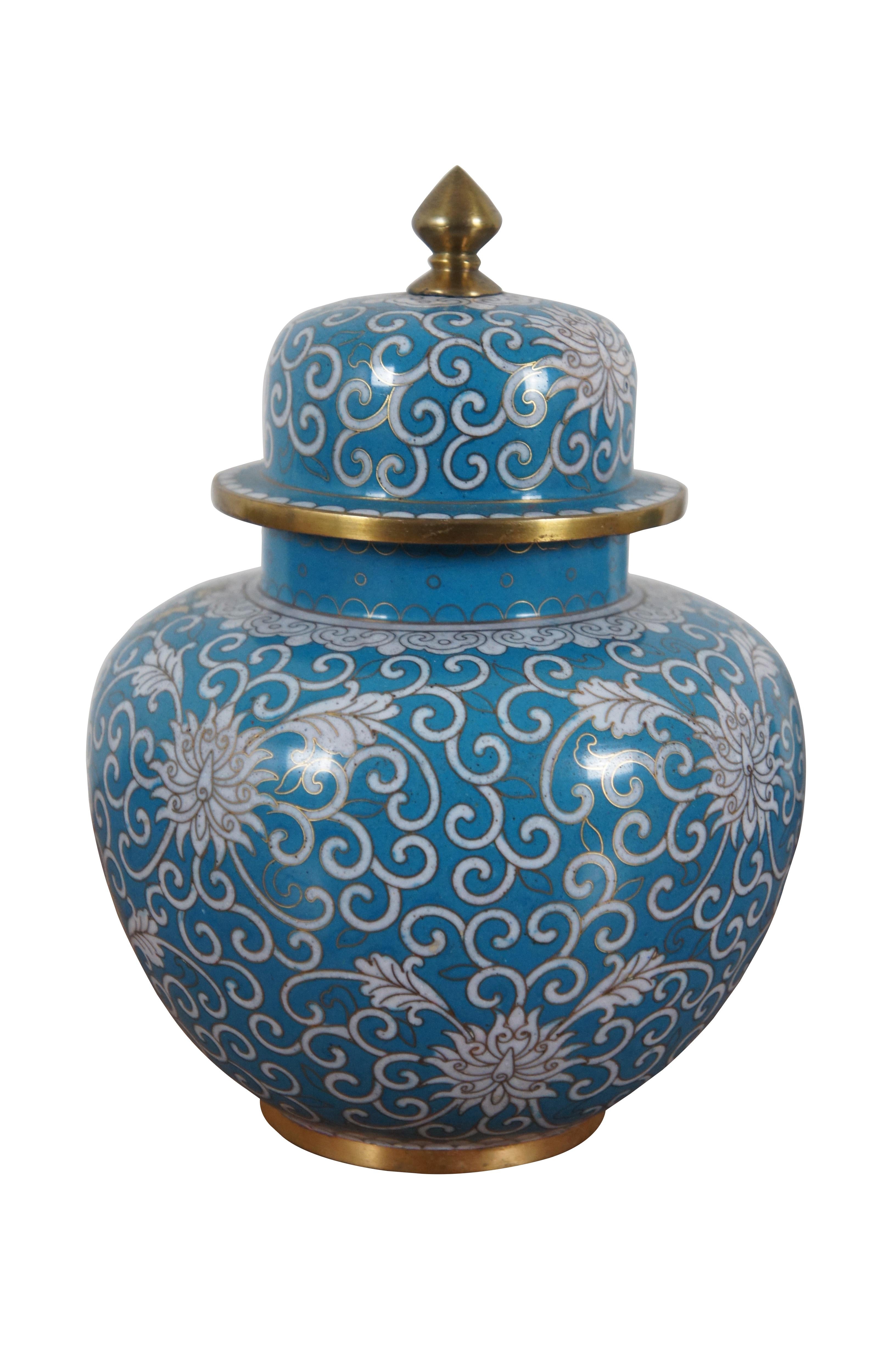 Chinoiserie 2 Antique Turquoise Cloisonné Chrysanthemums Lidded Ginger Jar Vase Urn Pair 8