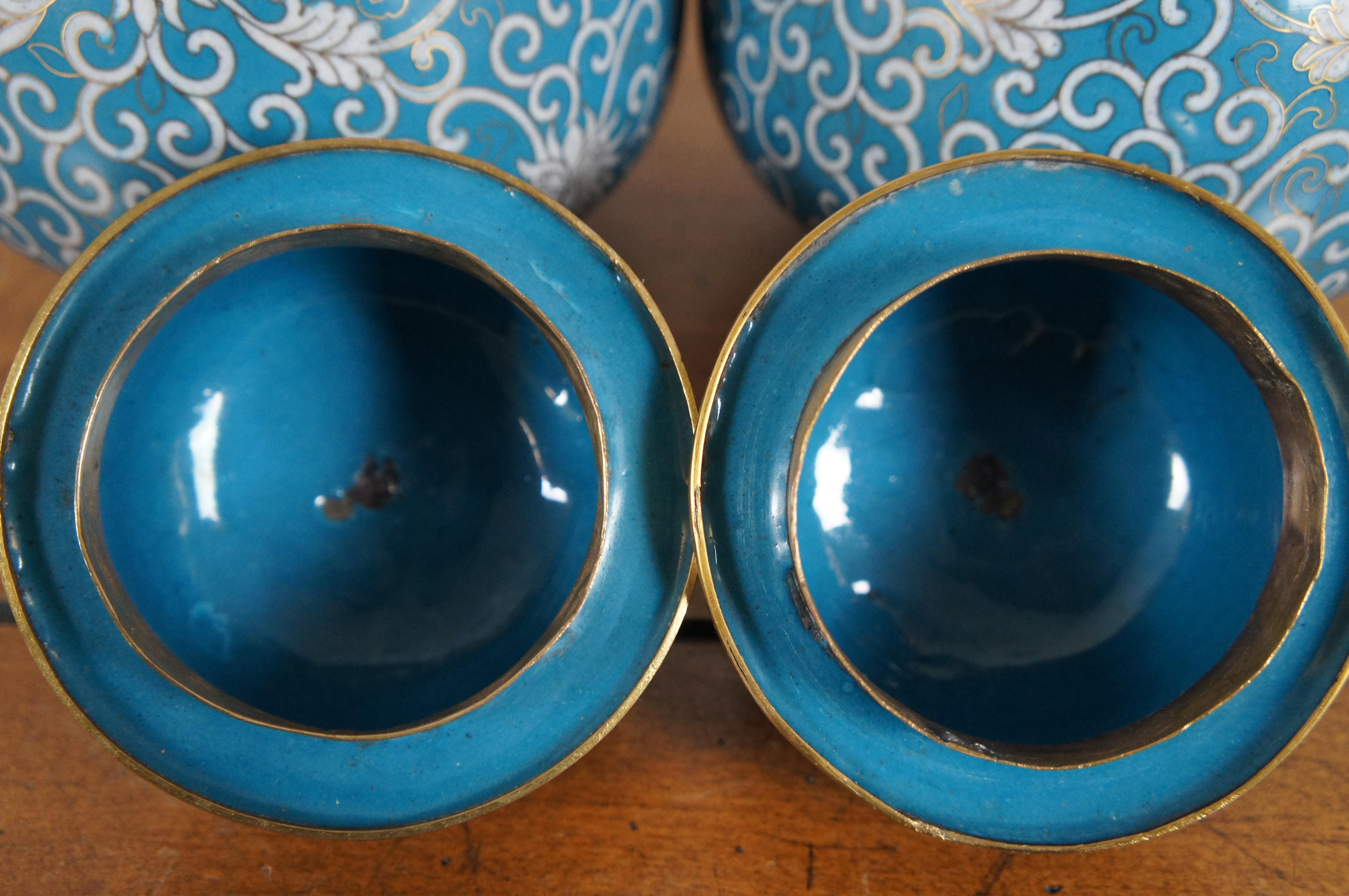19th Century 2 Antique Turquoise Cloisonné Chrysanthemums Lidded Ginger Jar Vase Urn Pair 8