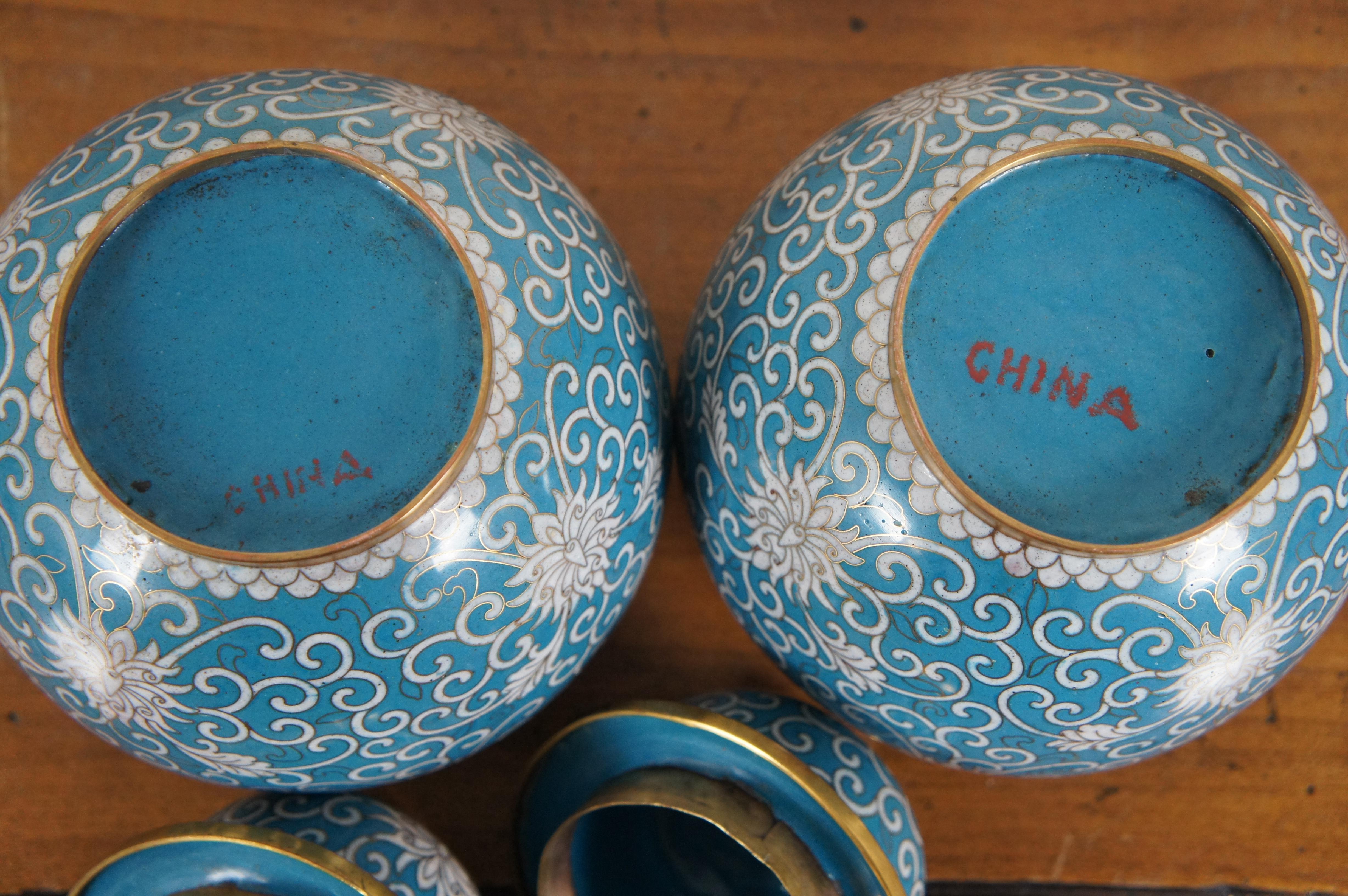Brass 2 Antique Turquoise Cloisonné Chrysanthemums Lidded Ginger Jar Vase Urn Pair 8