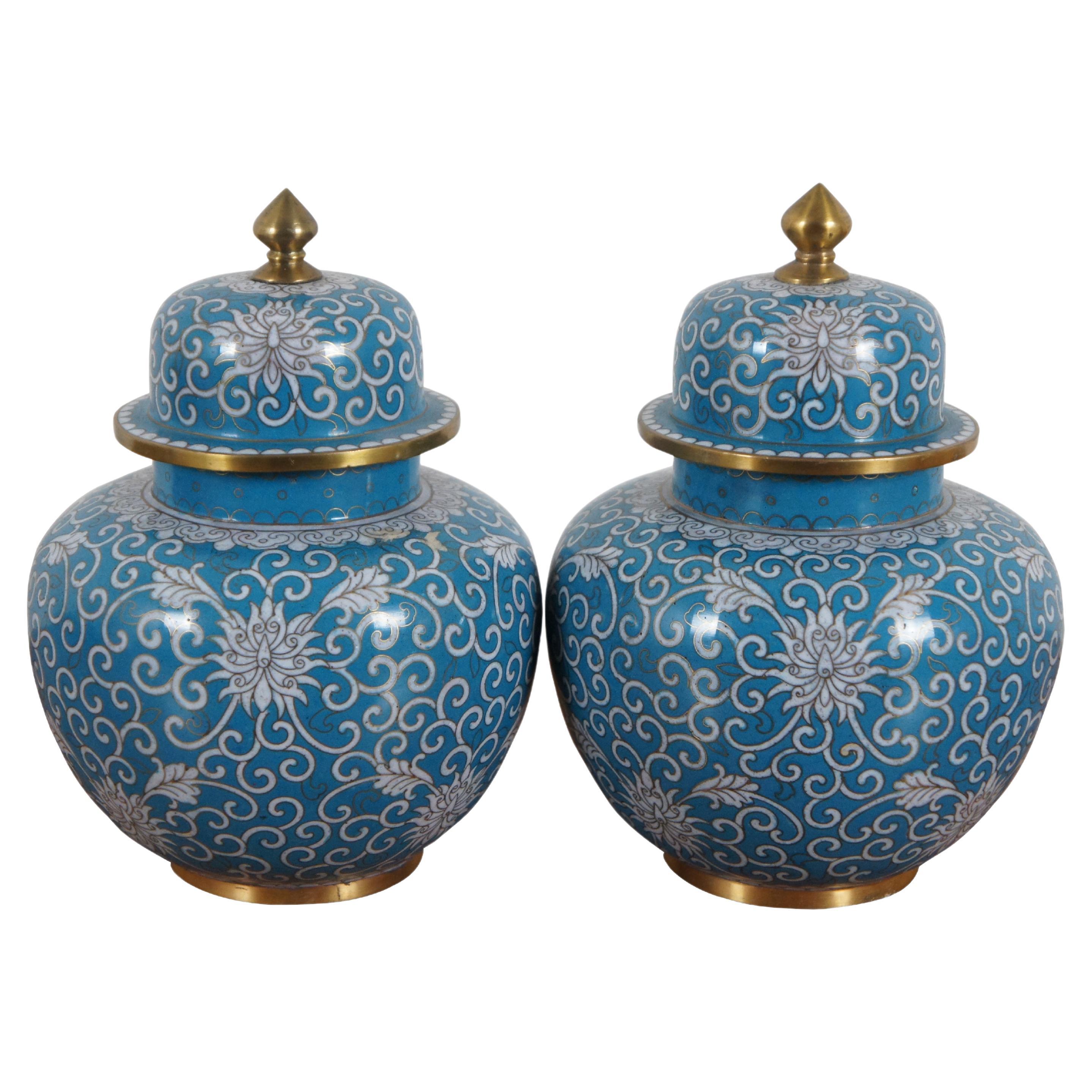 2 Antique Turquoise Cloisonné Chrysanthemums Lidded Ginger Jar Vase Urn Pair 8" For Sale