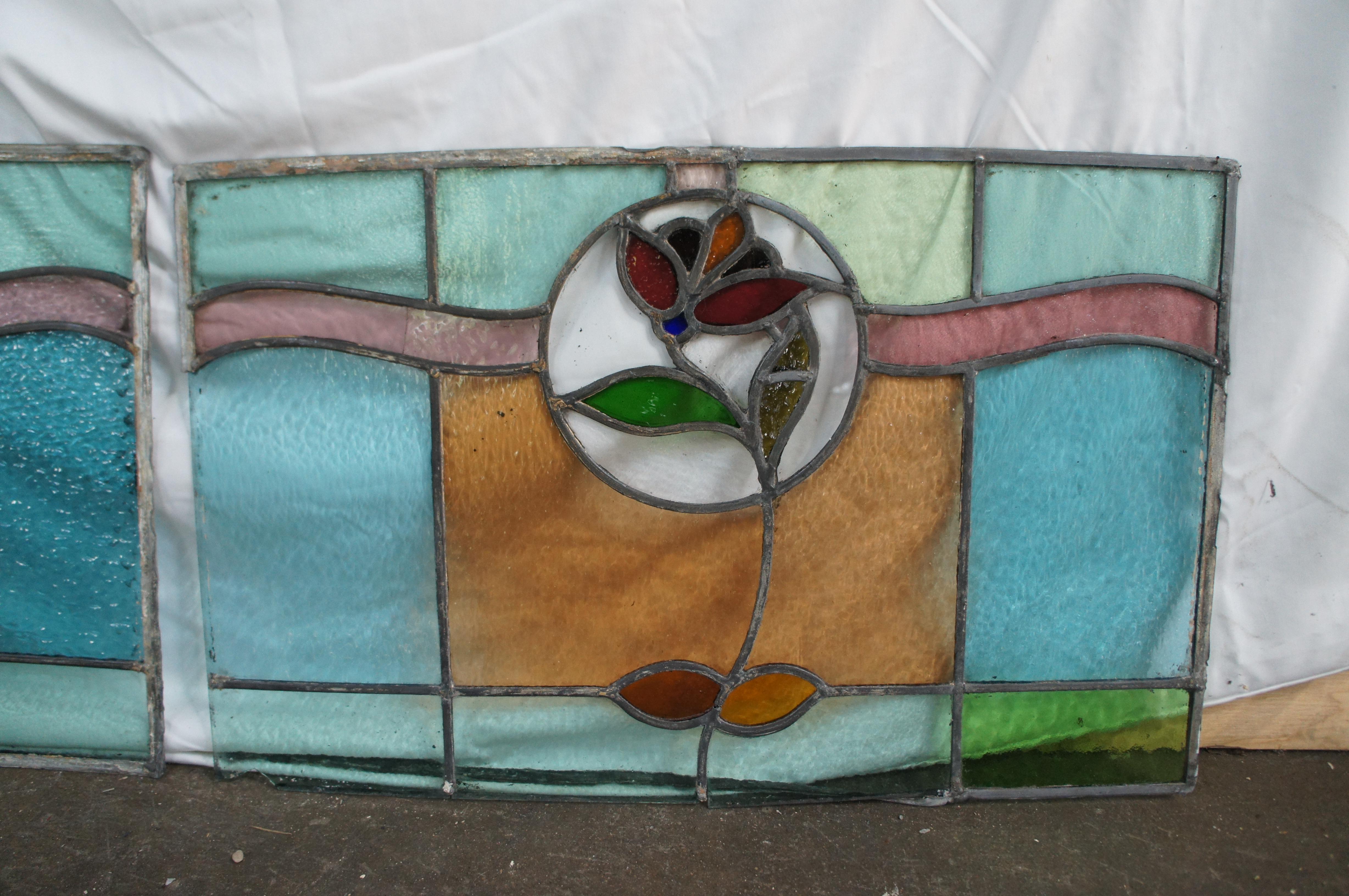 2 Antique Victorian Art Nouveau Leaded Stained Glass Rose Window Panel Framed For Sale 7
