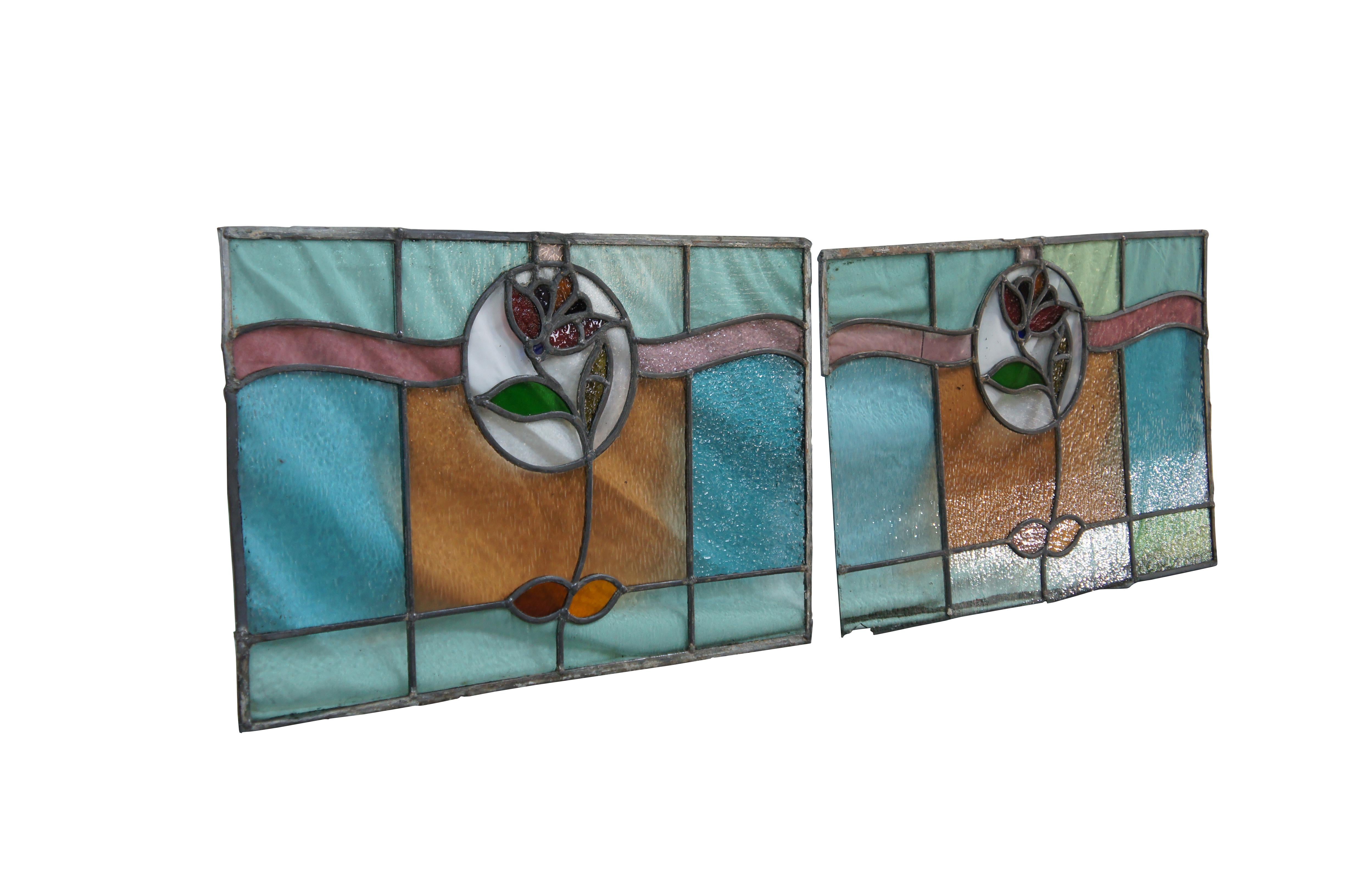 2 Antique Victorian Art Nouveau Leaded Stained Glass Rose Window Panel Framed In Fair Condition For Sale In Dayton, OH