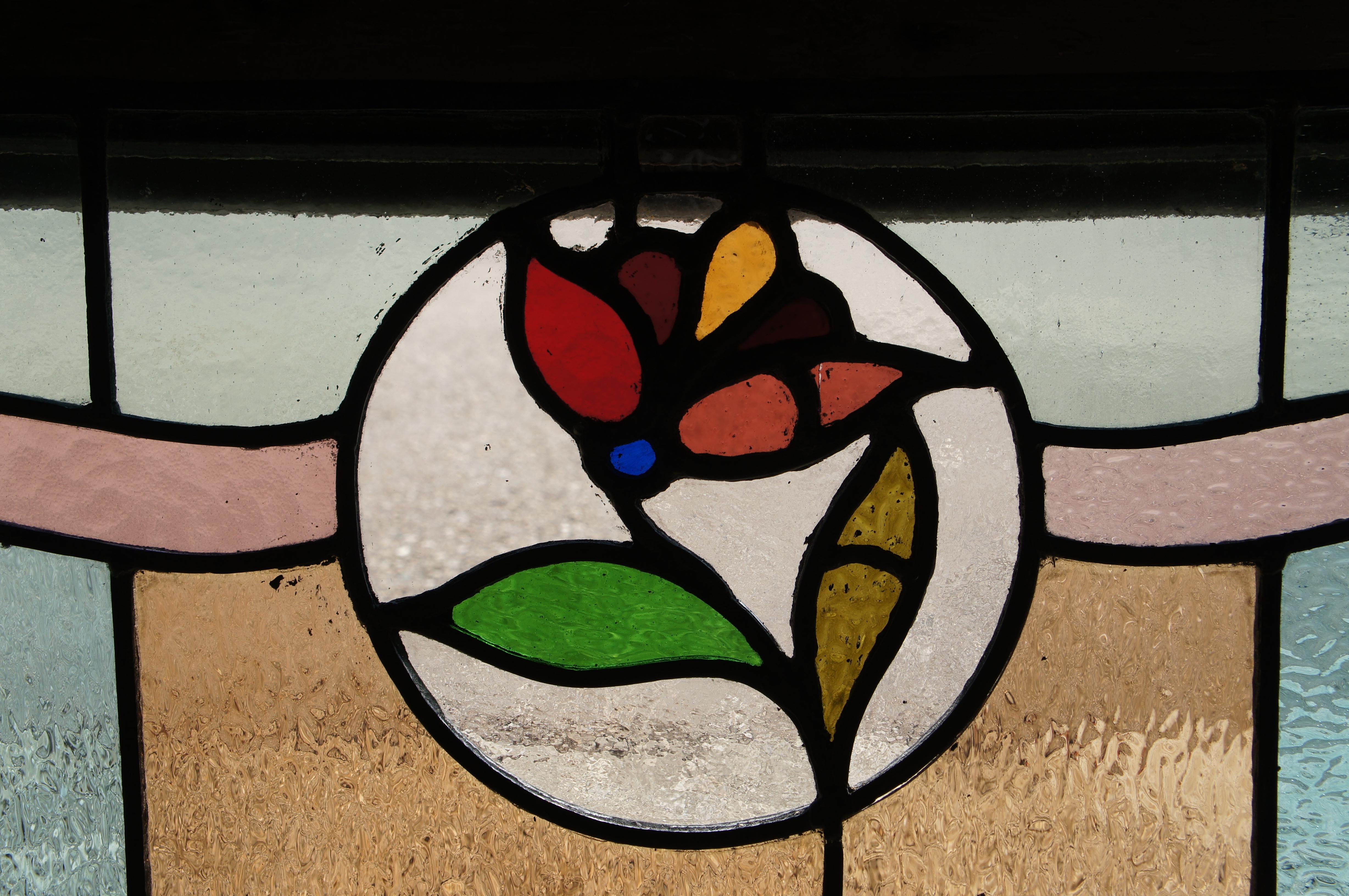 Metal 2 Antique Victorian Art Nouveau Leaded Stained Glass Rose Window Panel Framed For Sale