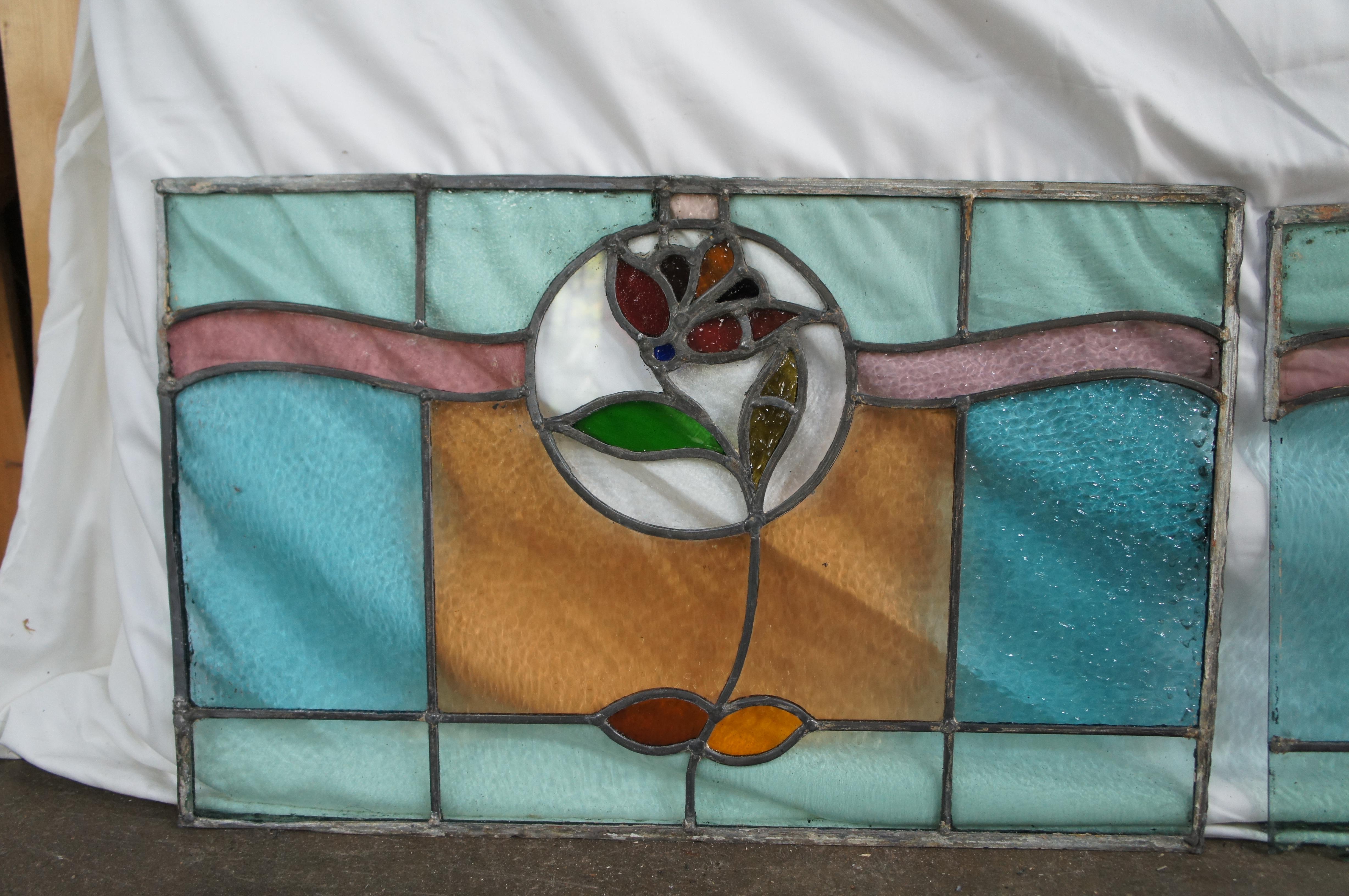 2 Antique Victorian Art Nouveau Leaded Stained Glass Rose Window Panel Framed For Sale 1