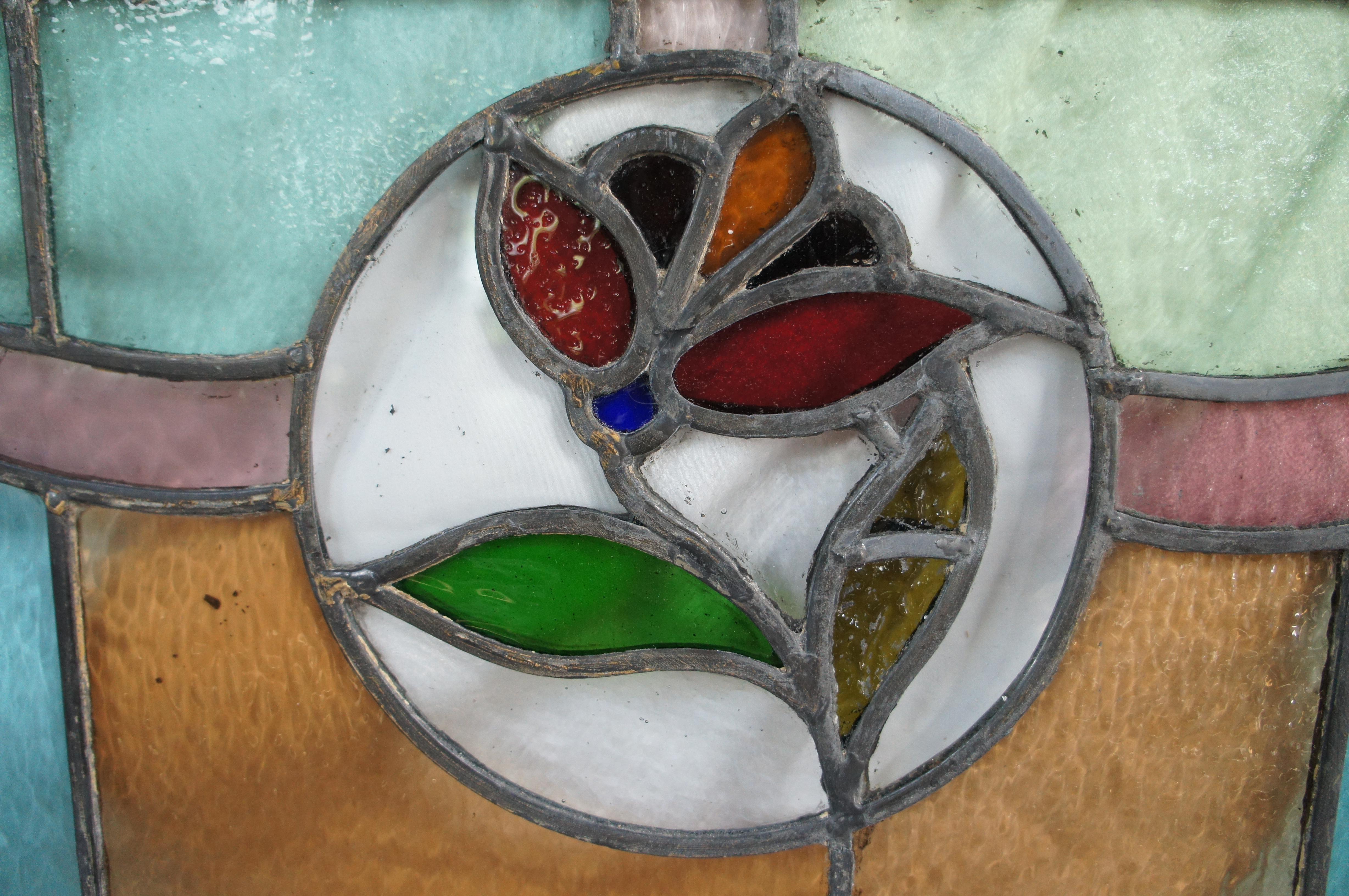 2 Antique Victorian Art Nouveau Leaded Stained Glass Rose Window Panel Framed For Sale 2
