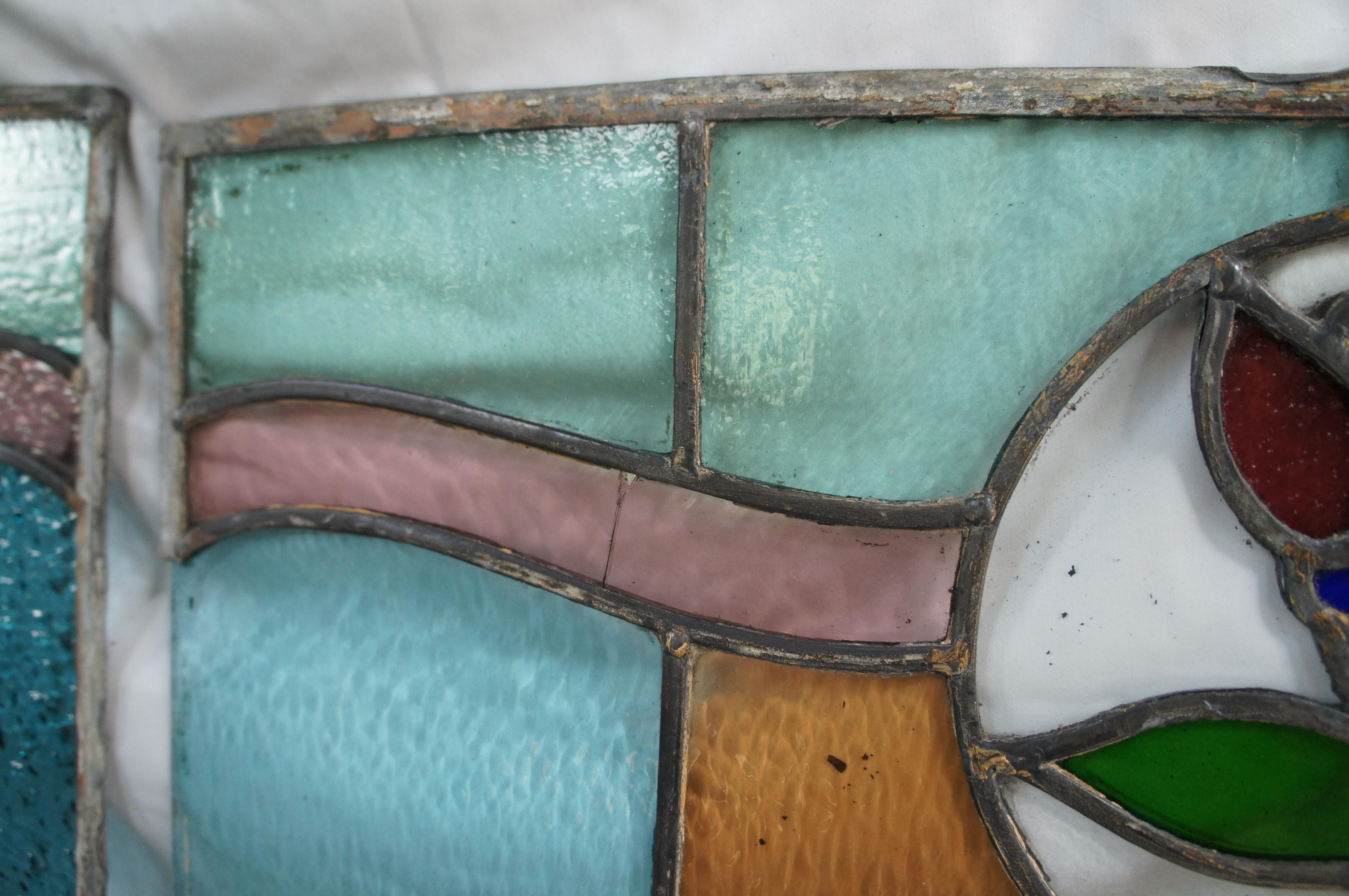 2 Antique Victorian Art Nouveau Leaded Stained Glass Rose Window Panel Framed For Sale 3