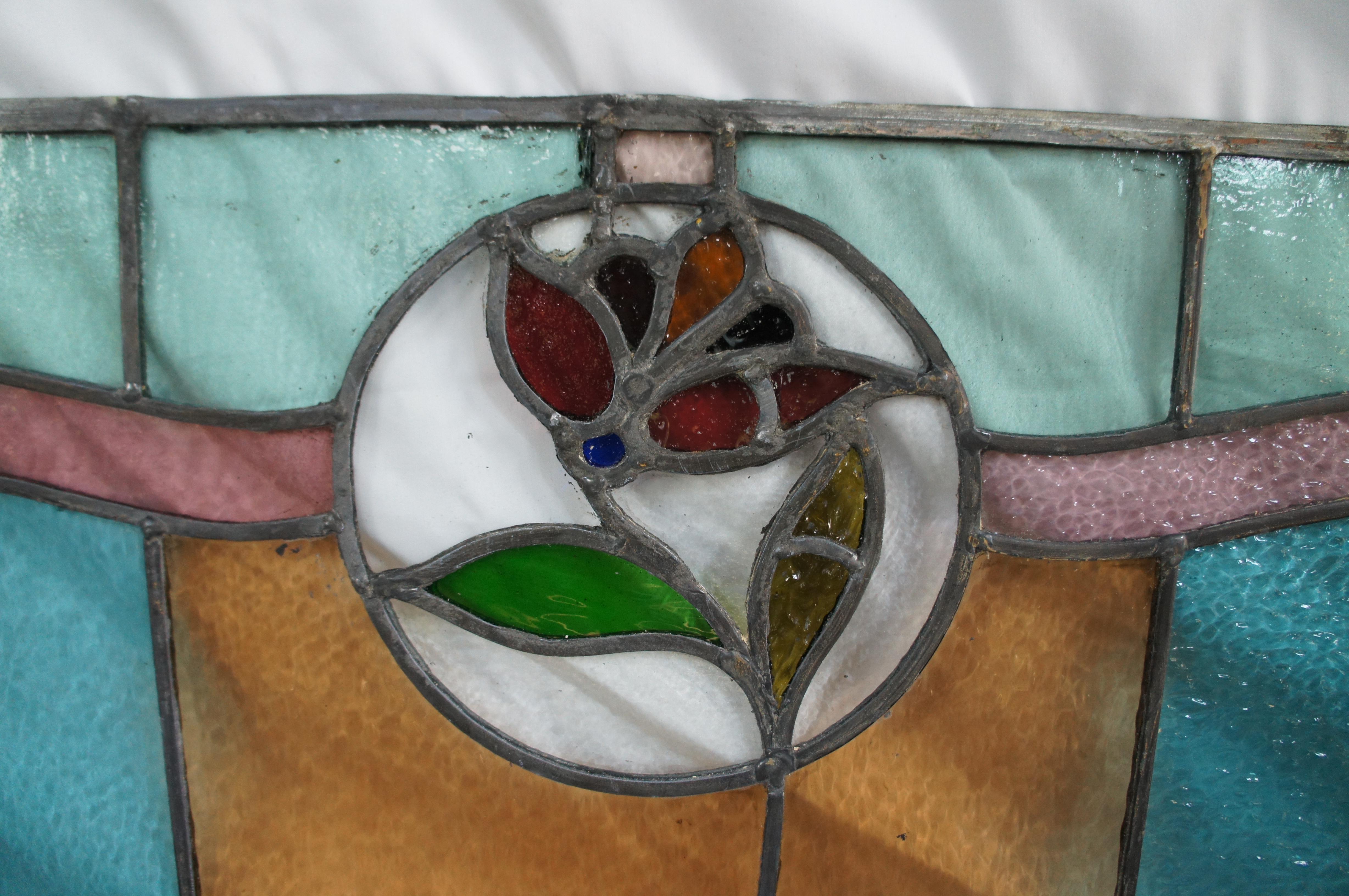 2 Antique Victorian Art Nouveau Leaded Stained Glass Rose Window Panel Framed For Sale 4