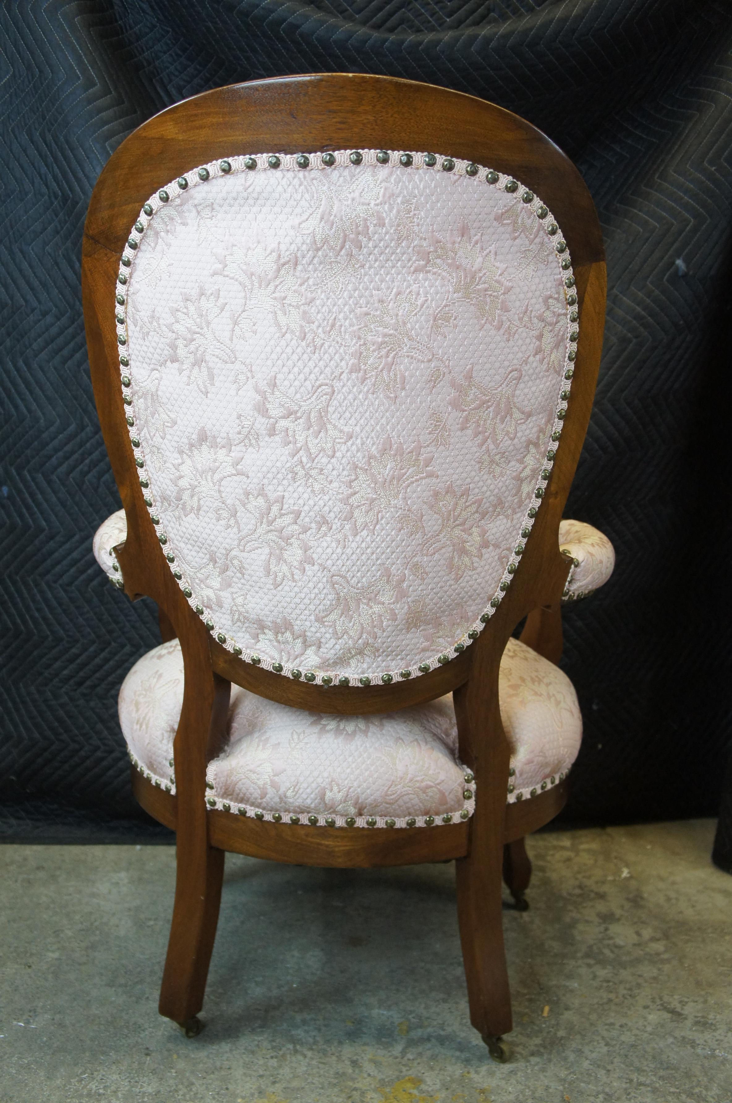 2 Antique Victorian Balloon Back Serpentine Walnut Parlor Arm Chairs Pink Tufted 5