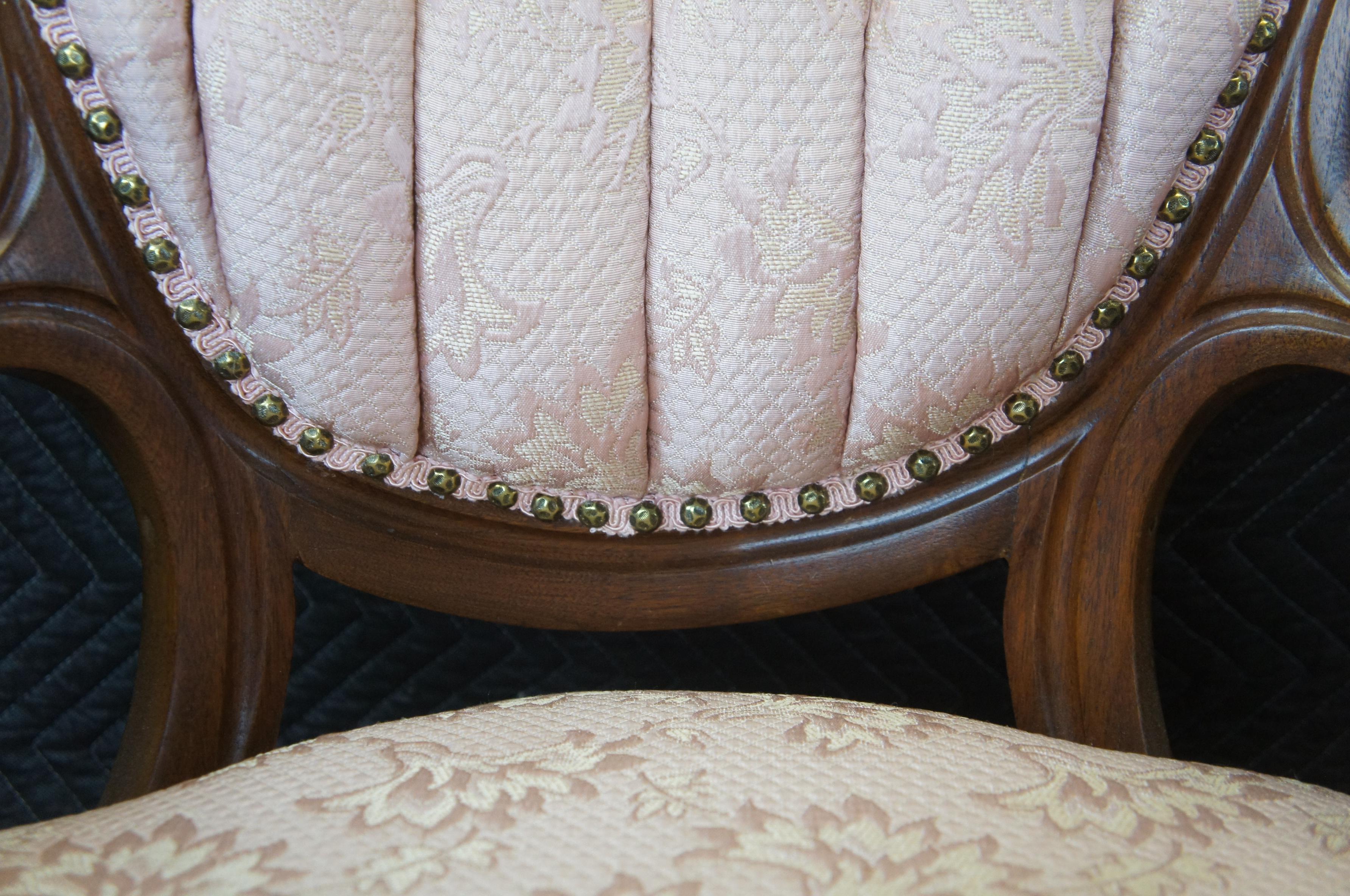 2 Antique Victorian Balloon Back Serpentine Walnut Parlor Arm Chairs Pink Tufted 6