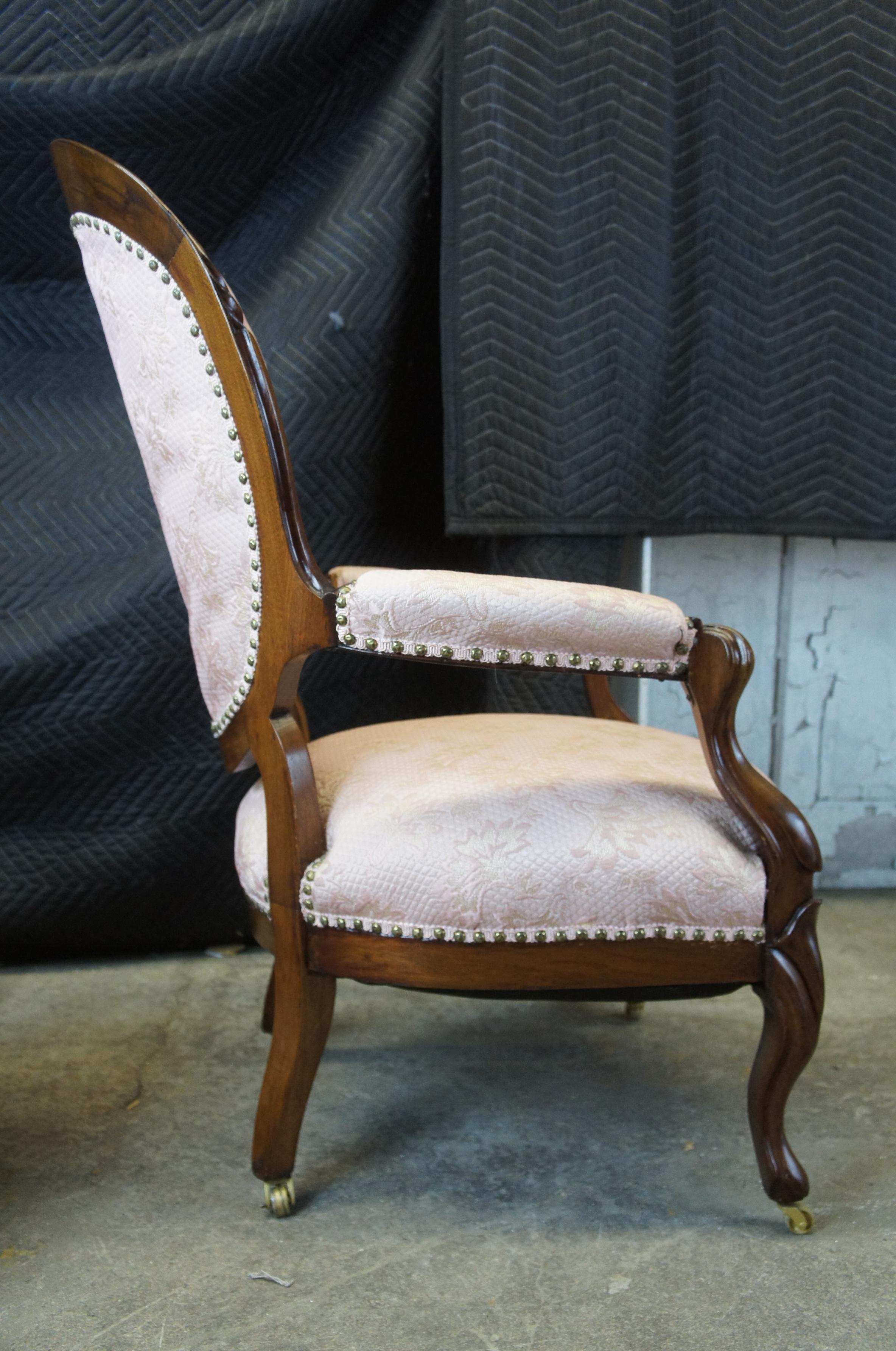2 Antique Victorian Balloon Back Serpentine Walnut Parlor Arm Chairs Pink Tufted In Good Condition In Dayton, OH