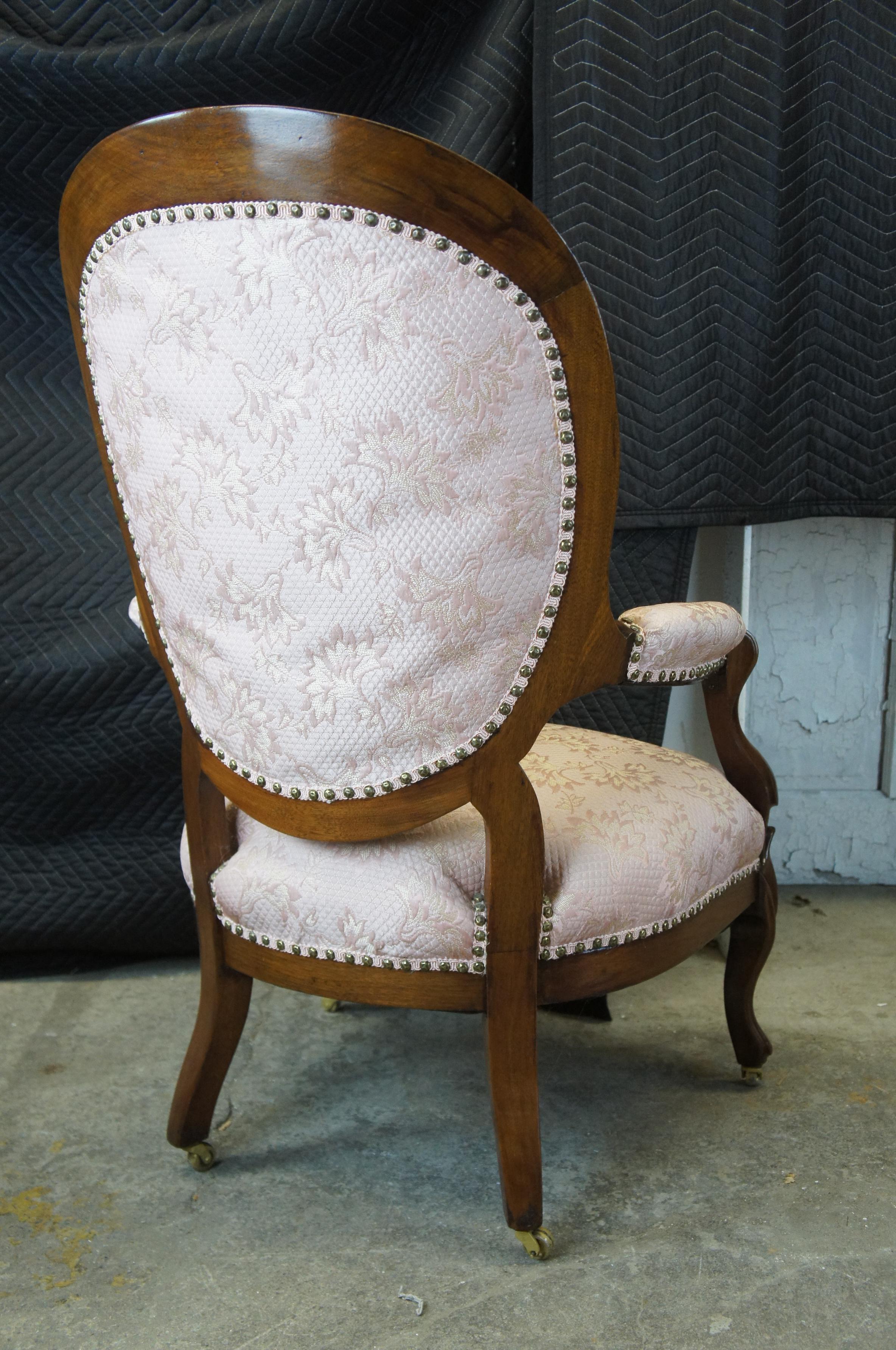19th Century 2 Antique Victorian Balloon Back Serpentine Walnut Parlor Arm Chairs Pink Tufted