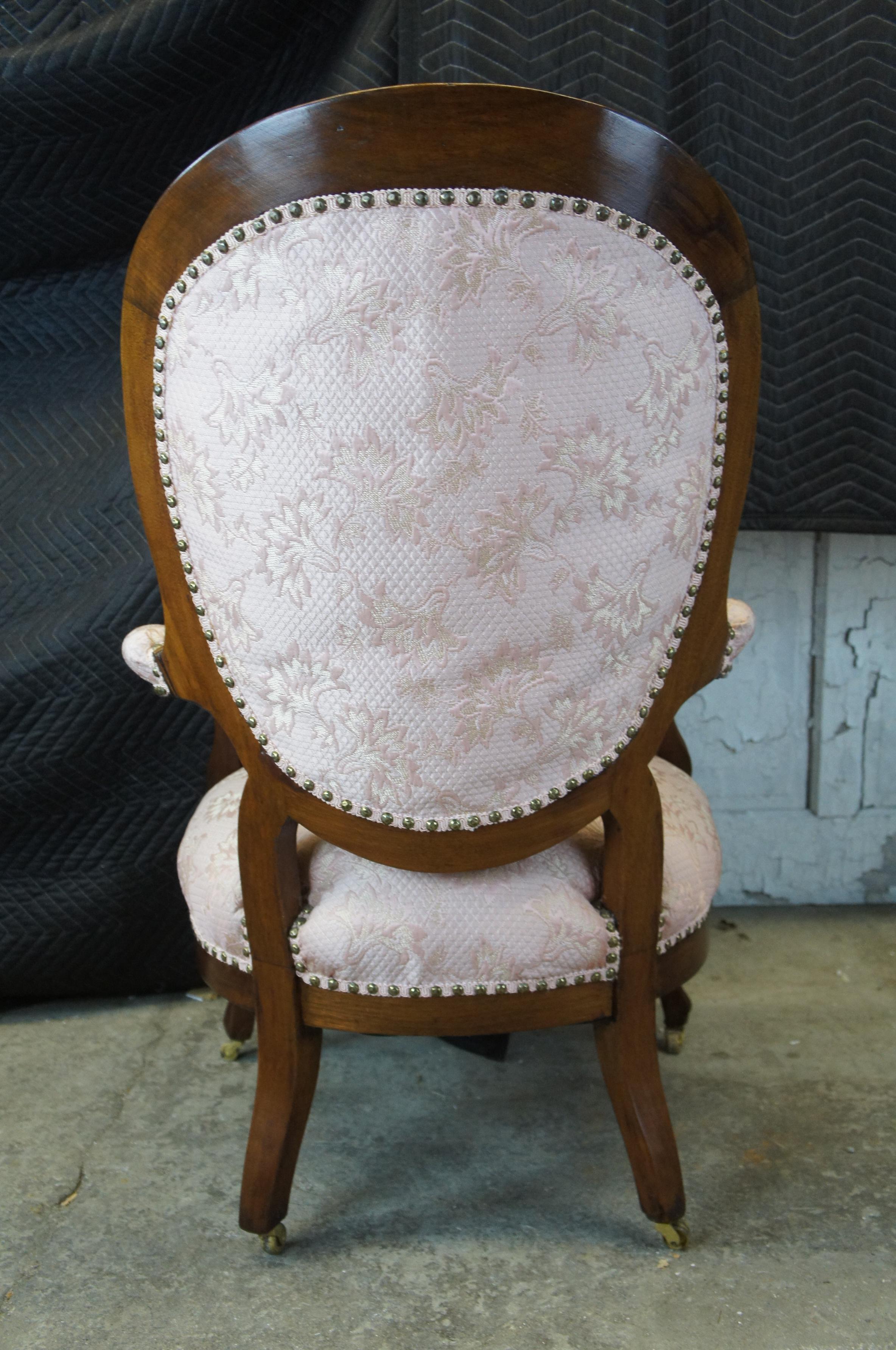 Upholstery 2 Antique Victorian Balloon Back Serpentine Walnut Parlor Arm Chairs Pink Tufted