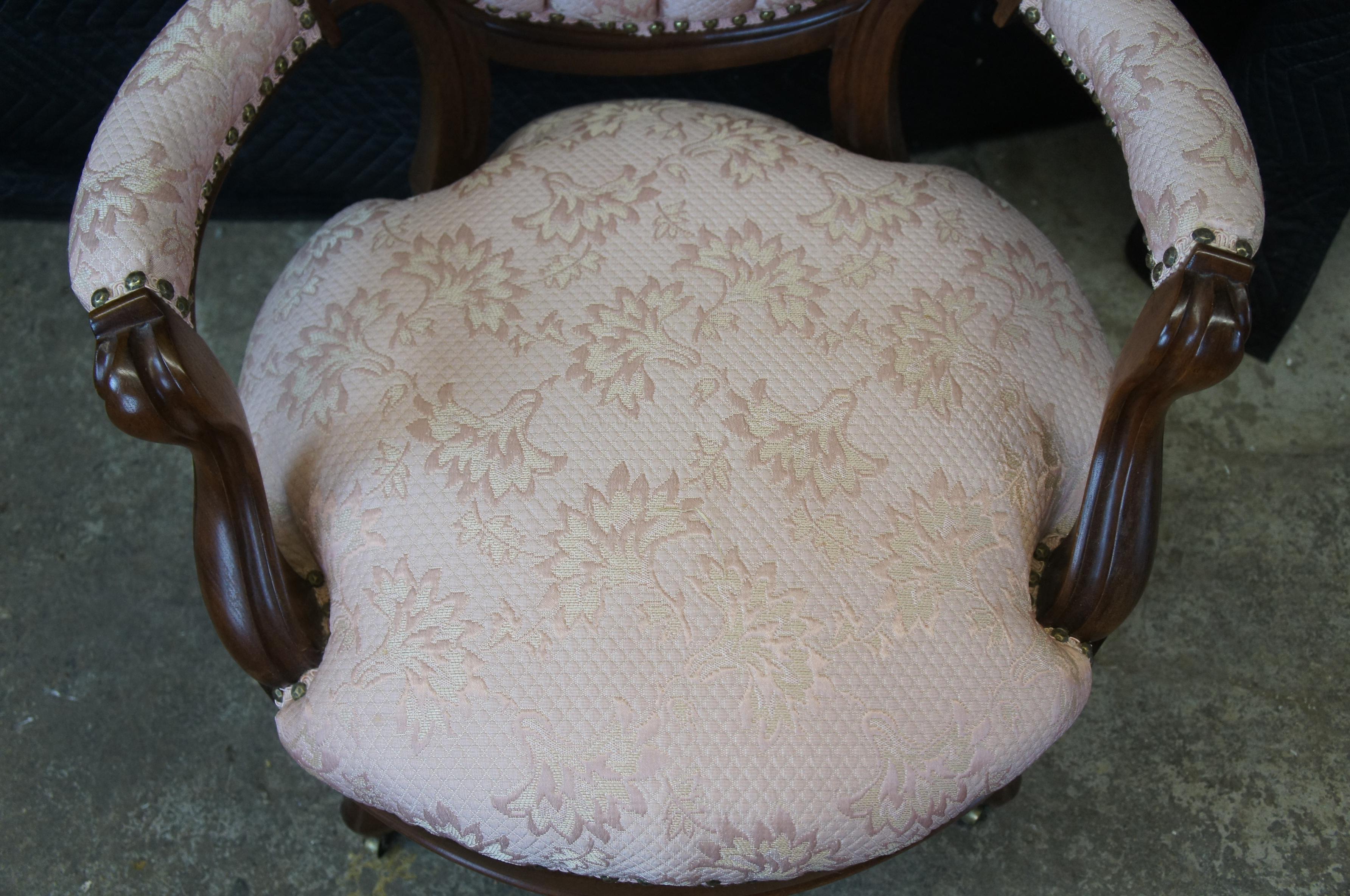 2 Antique Victorian Balloon Back Serpentine Walnut Parlor Arm Chairs Pink Tufted 2