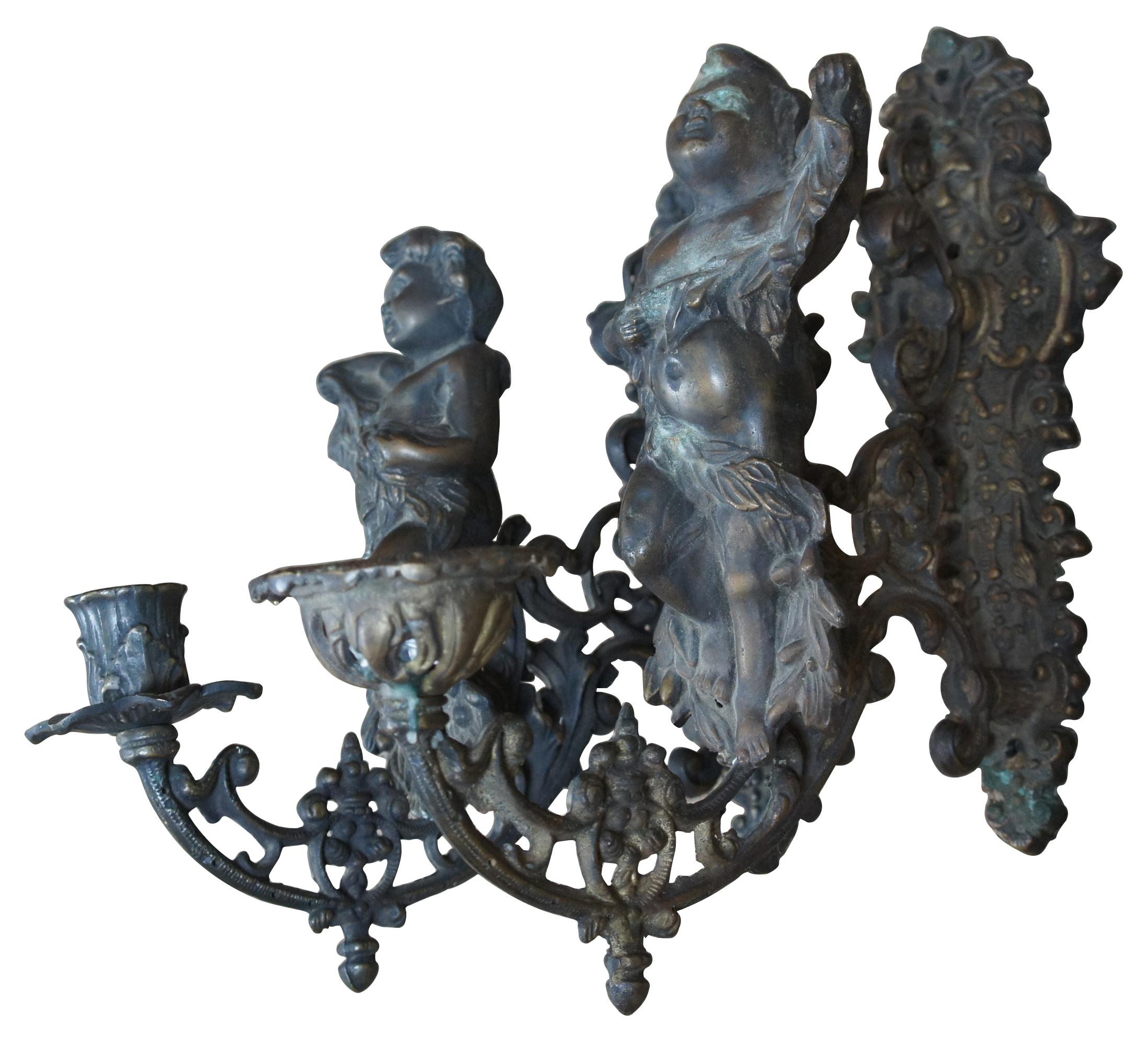 2 Antique Victorian Bronze Figural Wall Sconce Candle Holders Candelabras Cherub In Good Condition In Dayton, OH