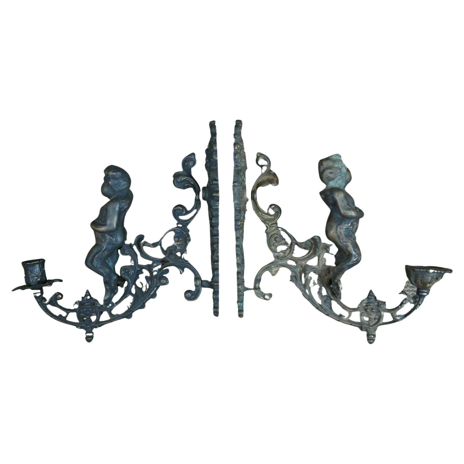 2 Antique Victorian Bronze Figural Wall Sconce Candle Holders Candelabras Cherub
