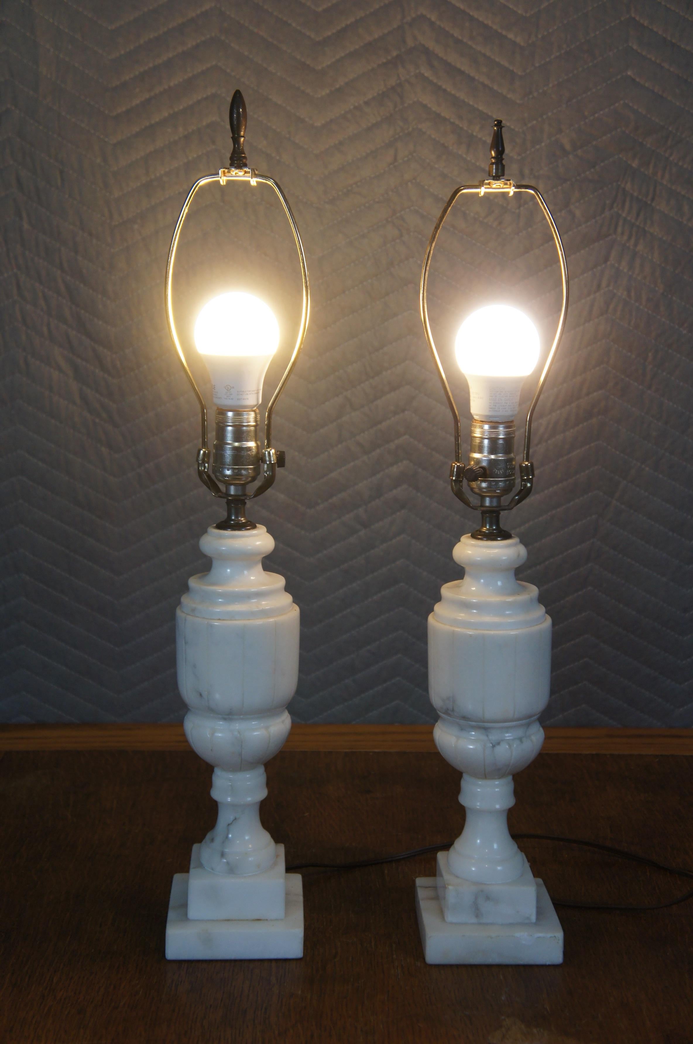 2 Antique Victorian Carved White Marble Alabaster Trophy Urn Table Lamps 24