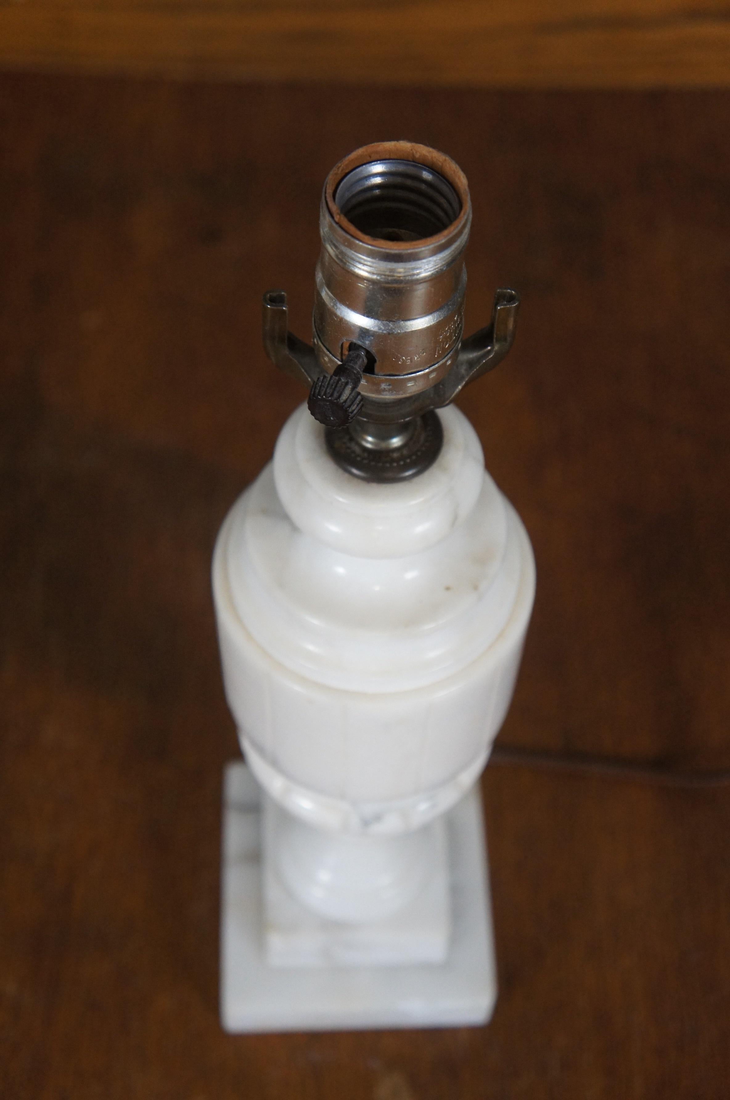 19th Century 2 Antique Victorian Carved White Marble Alabaster Trophy Urn Table Lamps 24