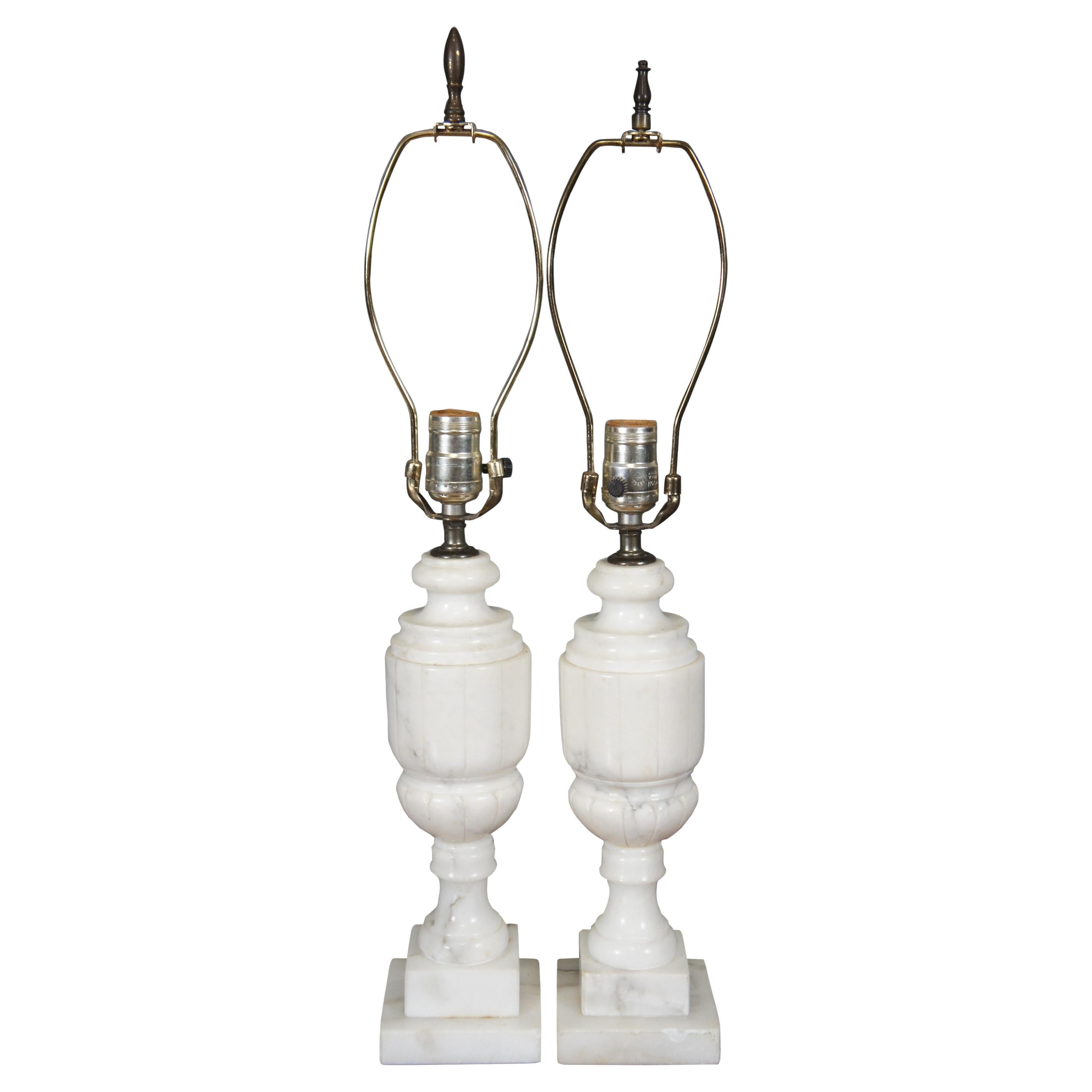 2 Antique Victorian Carved White Marble Alabaster Trophy Urn Table Lamps 24" For Sale