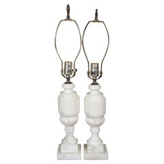 2 Antique Victorian Carved White Marble Alabaster Trophy Urn Table Lamps 24"