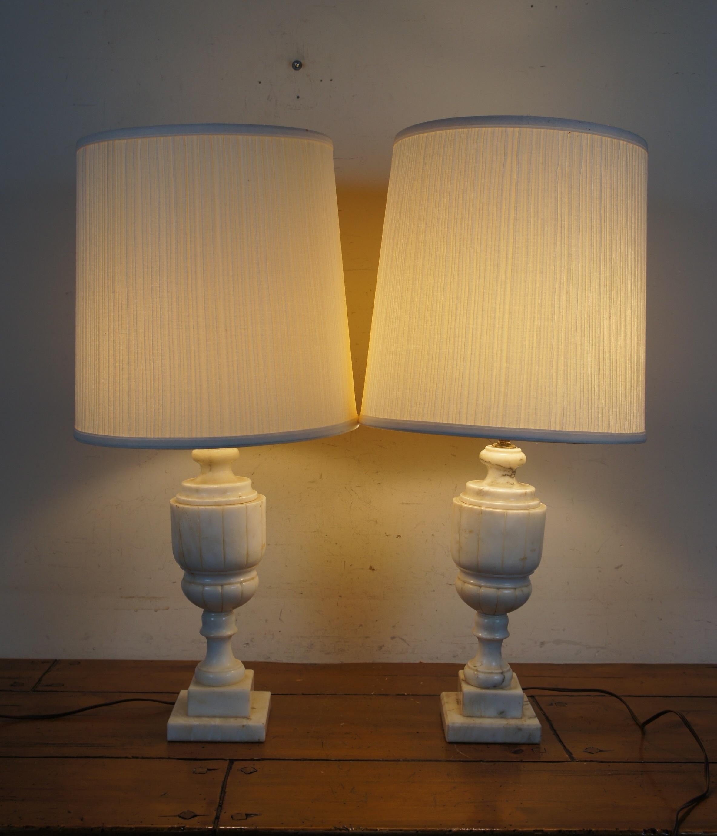 2 Antique Victorian Carved White Marble Alabaster Trophy Urn Table Lamps 29