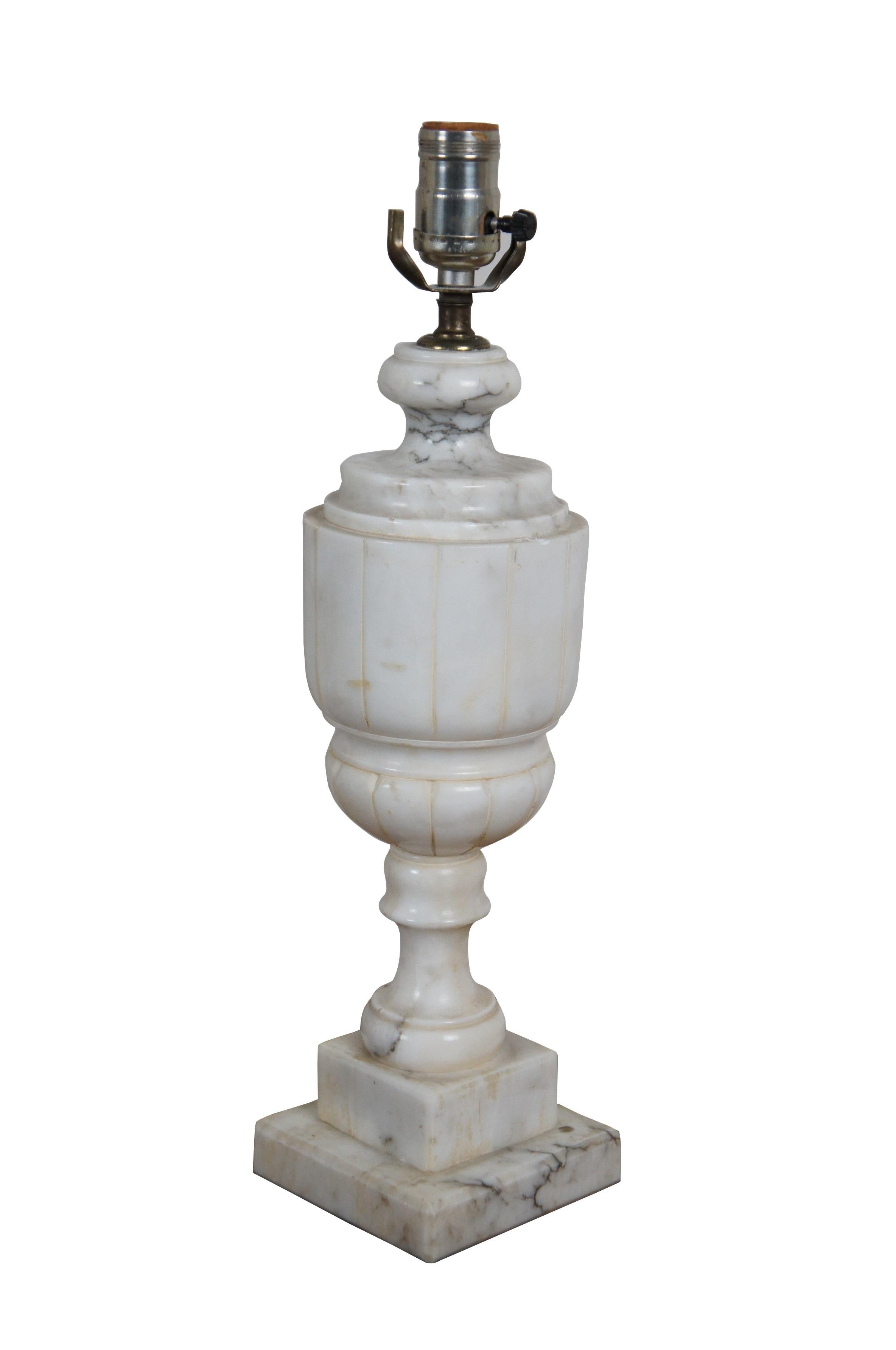 Neoclassical 2 Antique Victorian Carved White Marble Alabaster Trophy Urn Table Lamps 29