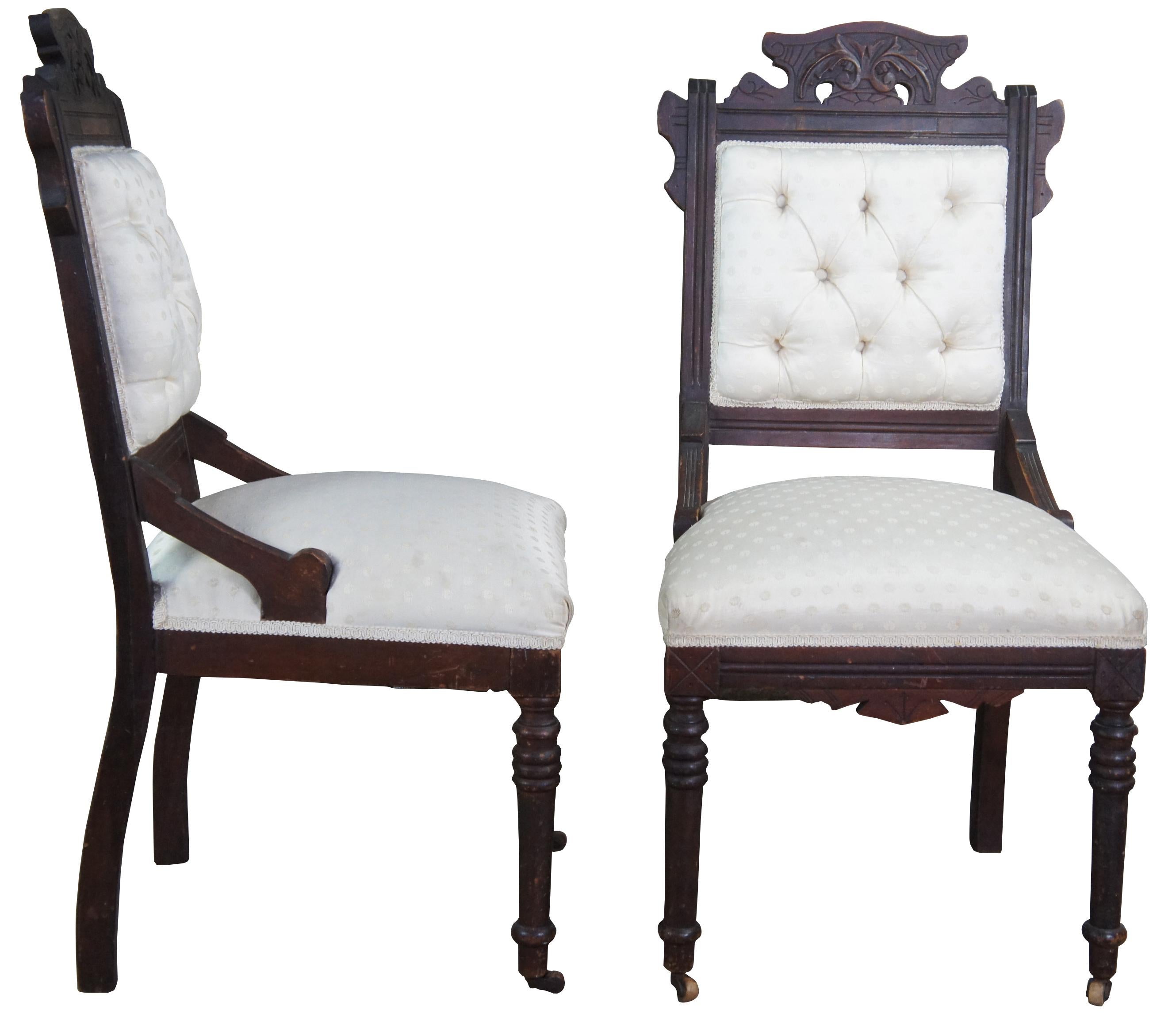 2 Antique Victorian Eastlake carved walnut tufted side accent dining chairs pair.