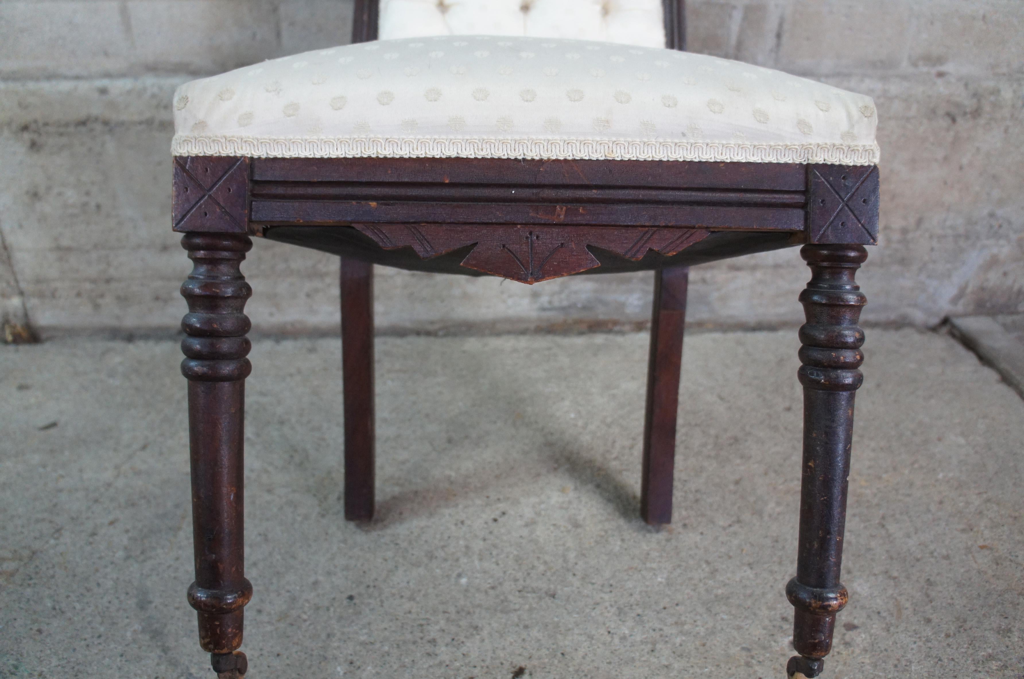 2 Antique Victorian Eastlake Carved Walnut Tufted Side Accent Dining Chairs Pair 1