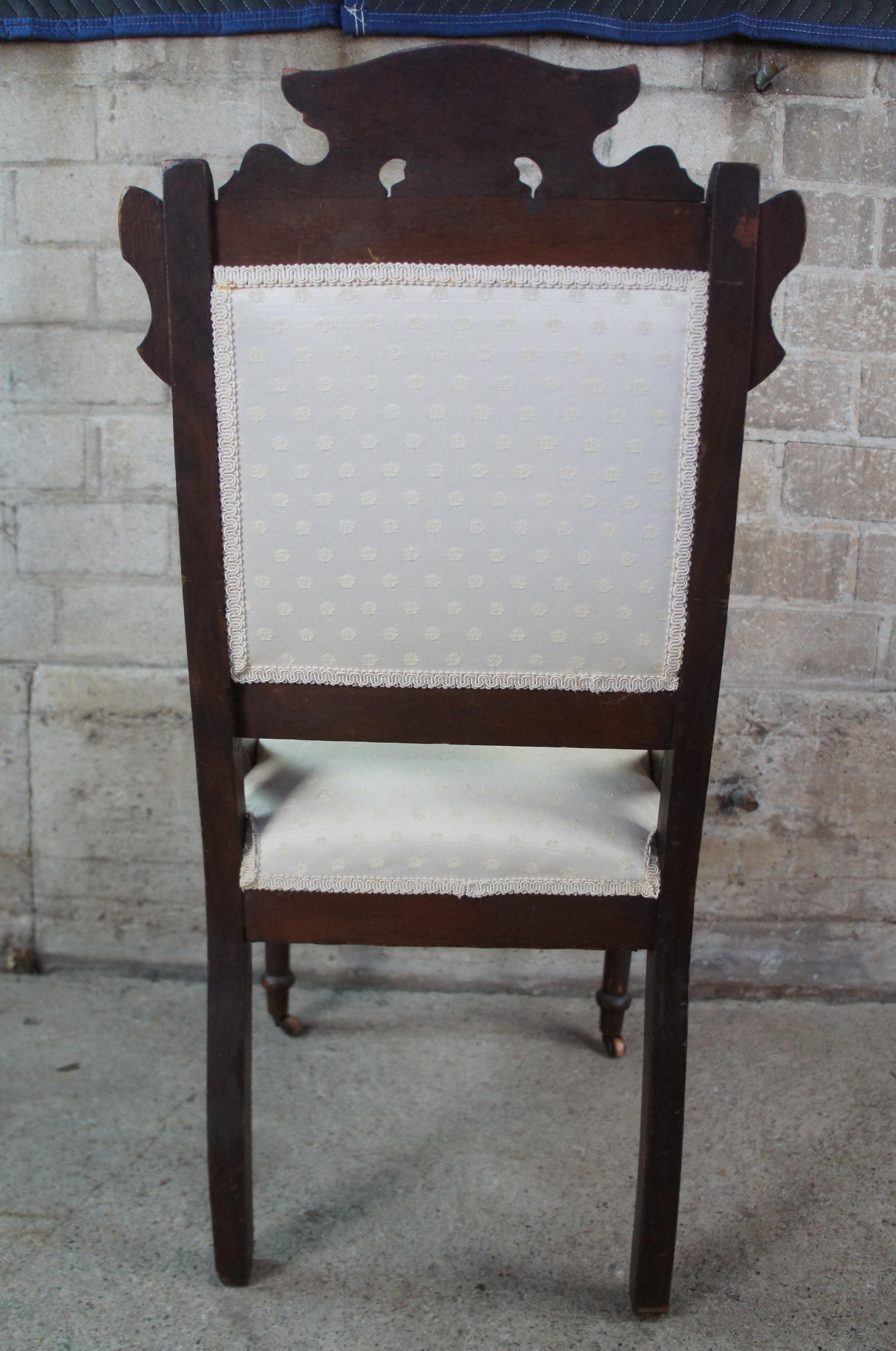 2 Antique Victorian Eastlake Carved Walnut Tufted Side Accent Dining Chairs Pair 4