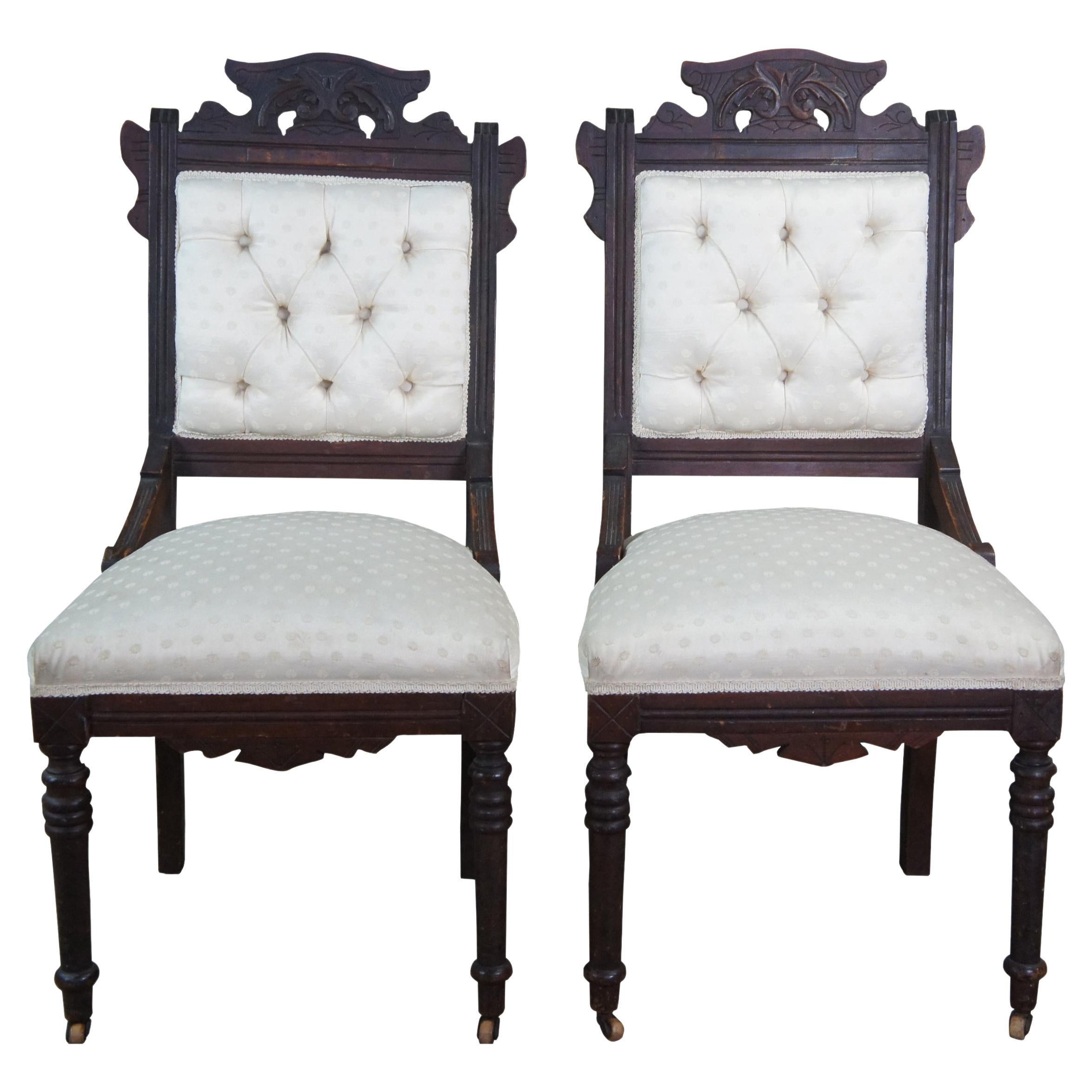 2 Antique Victorian Eastlake Carved Walnut Tufted Side Accent Dining Chairs Pair