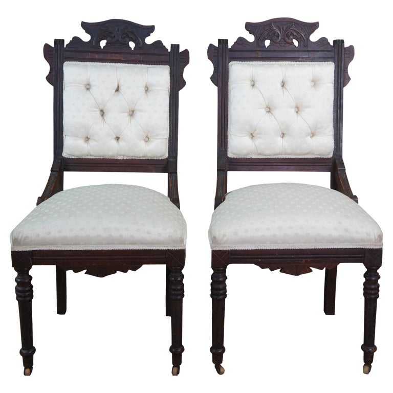 2 Antique Victorian Eastlake Carved Walnut Tufted Side Accent Dining