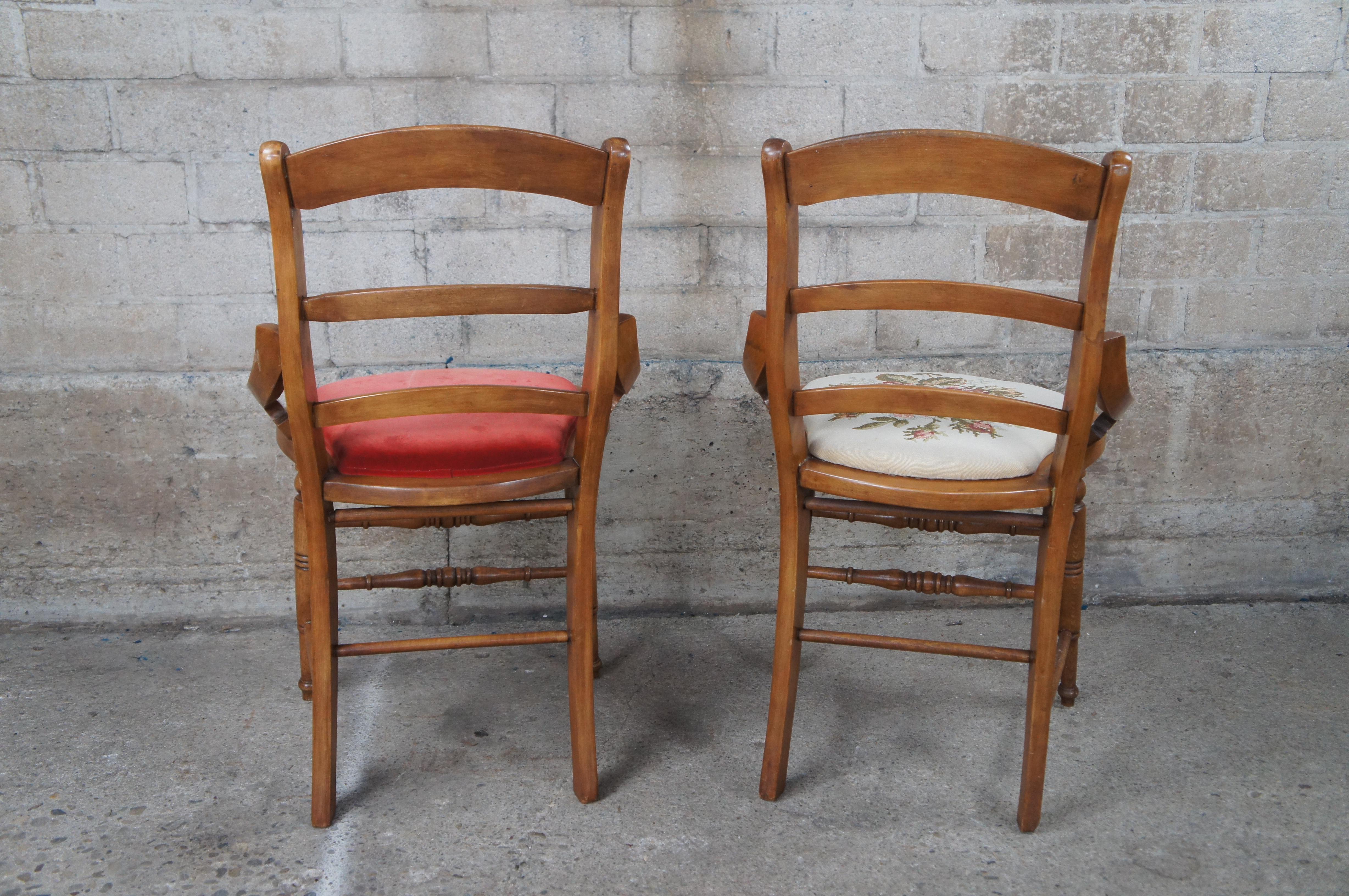 2 Antique Victorian Eastlake Maple Ladderback Needlepoint Velvet Parlor Chairs For Sale 2