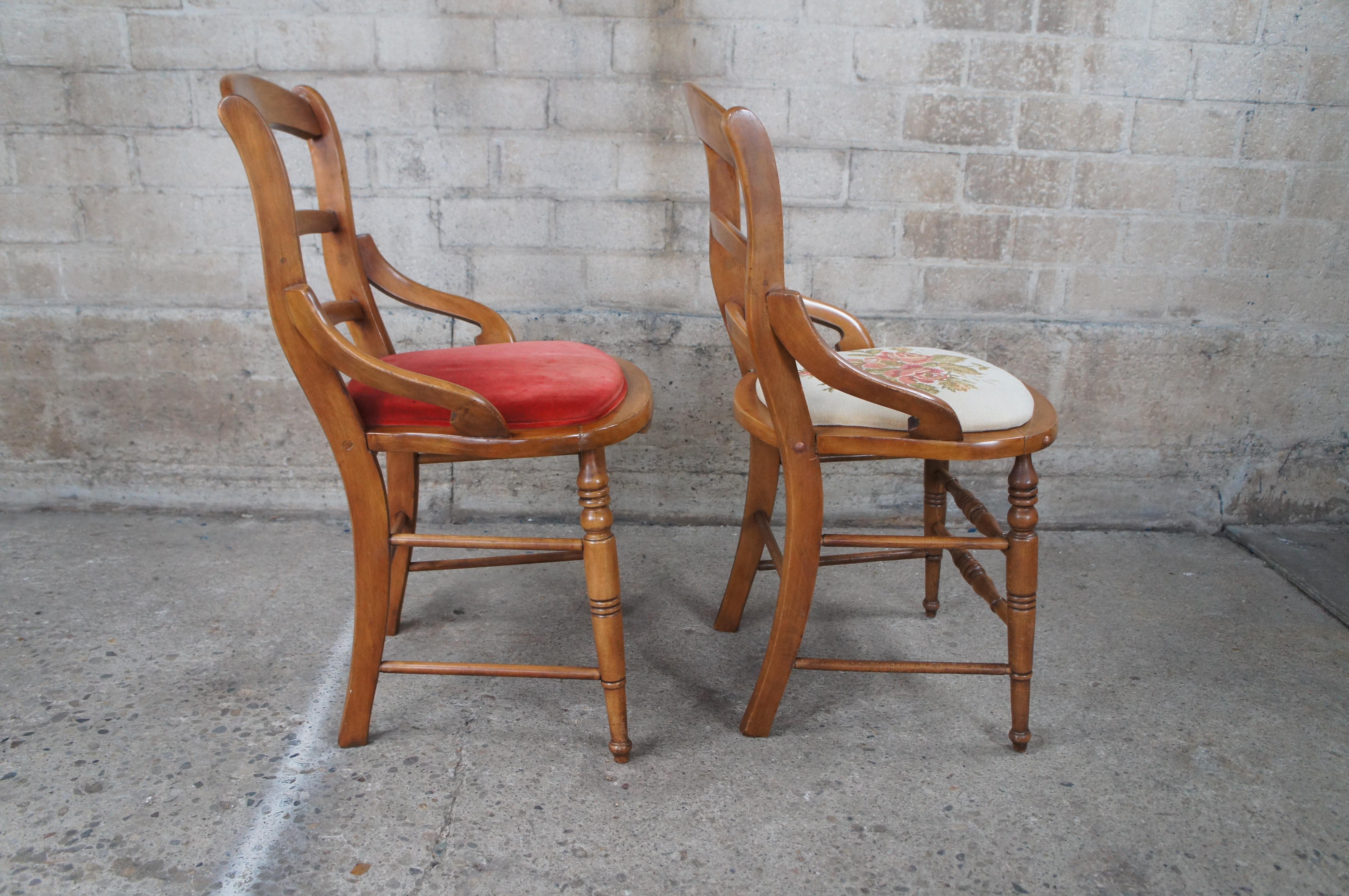 2 Antique Victorian Eastlake Maple Ladderback Needlepoint Velvet Parlor Chairs For Sale 3