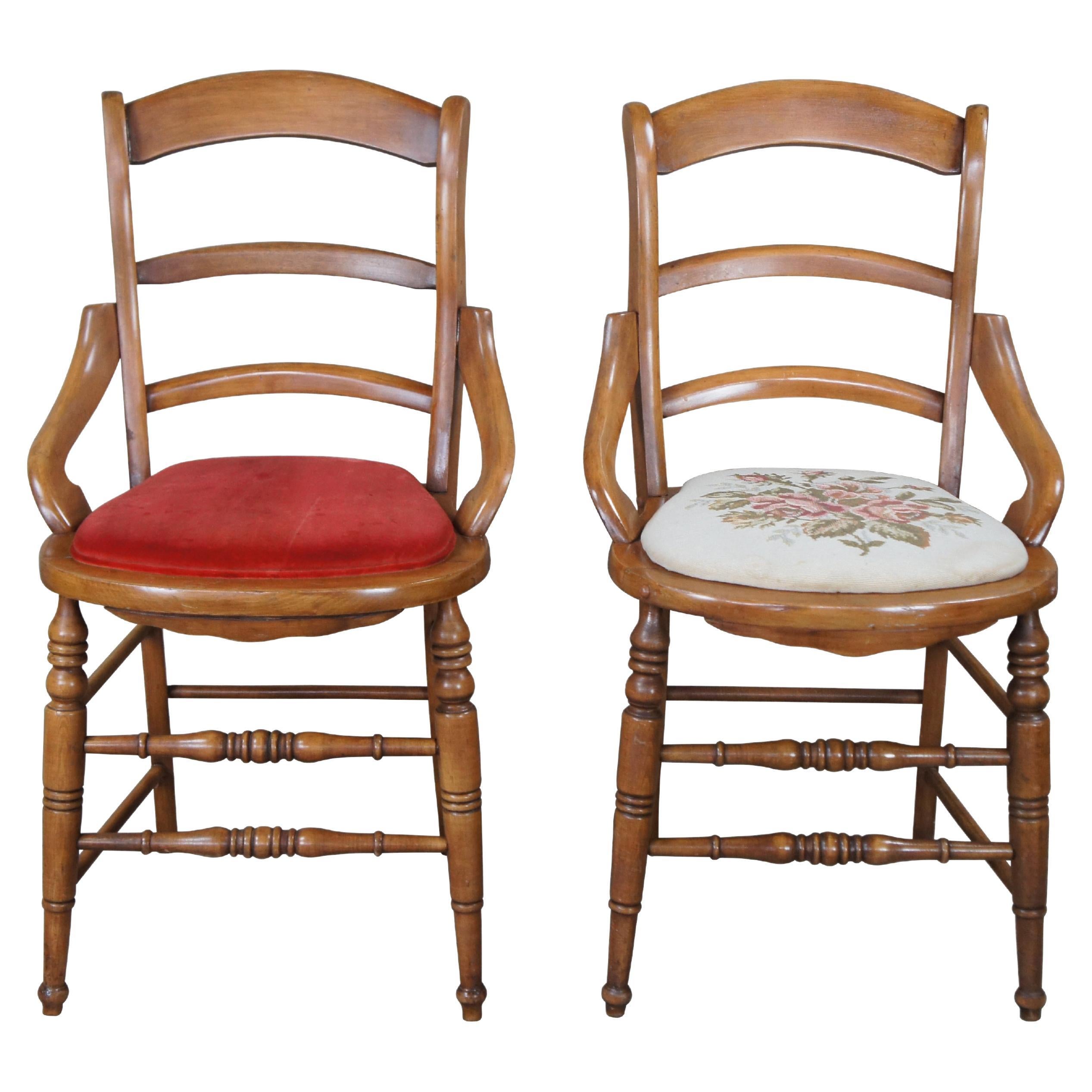 2 Antique Victorian Eastlake Maple Ladderback Needlepoint Velvet Parlor Chairs For Sale